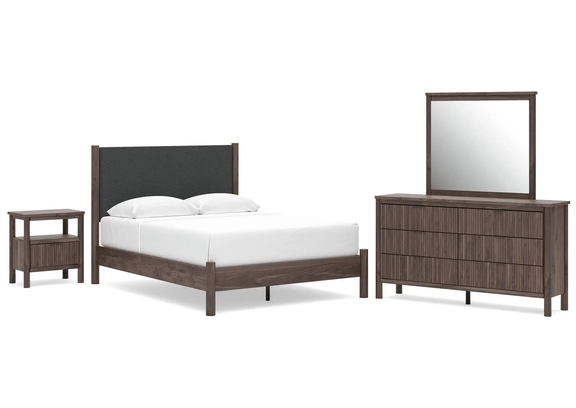 Cadmori Queen Upholstered Panel Platform Bed, Dresser, Mirror and Nightstand