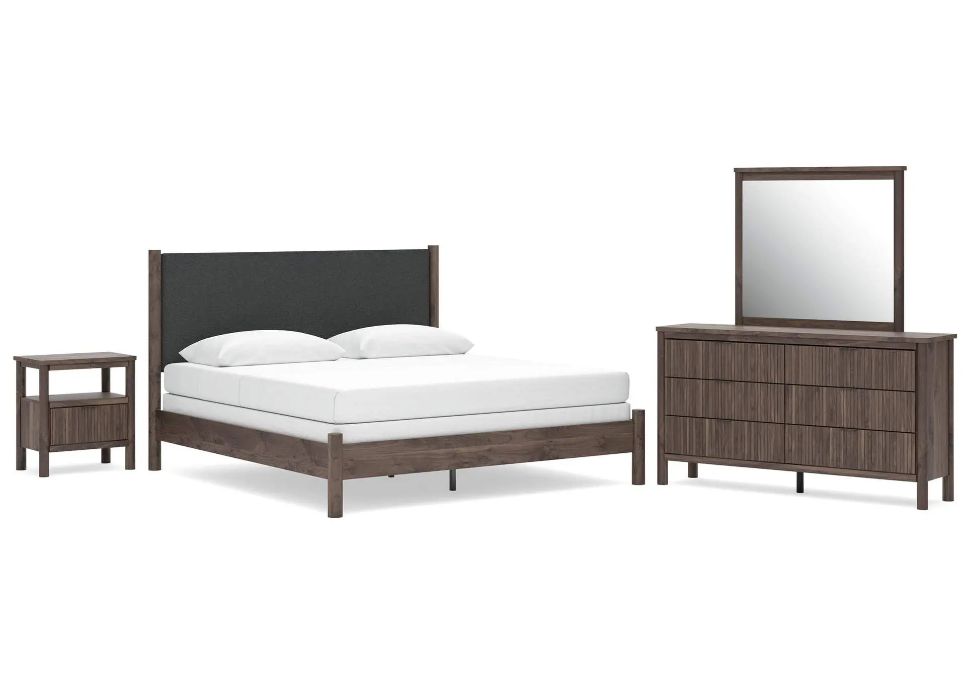 Cadmori King Upholstered Panel Bed, Dresser, Mirror and Nightstand