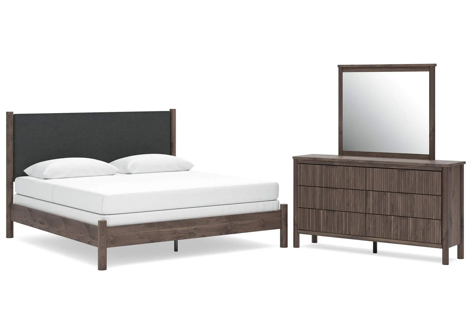 Cadmori King Upholstered Panel Bed, Dresser and Mirror