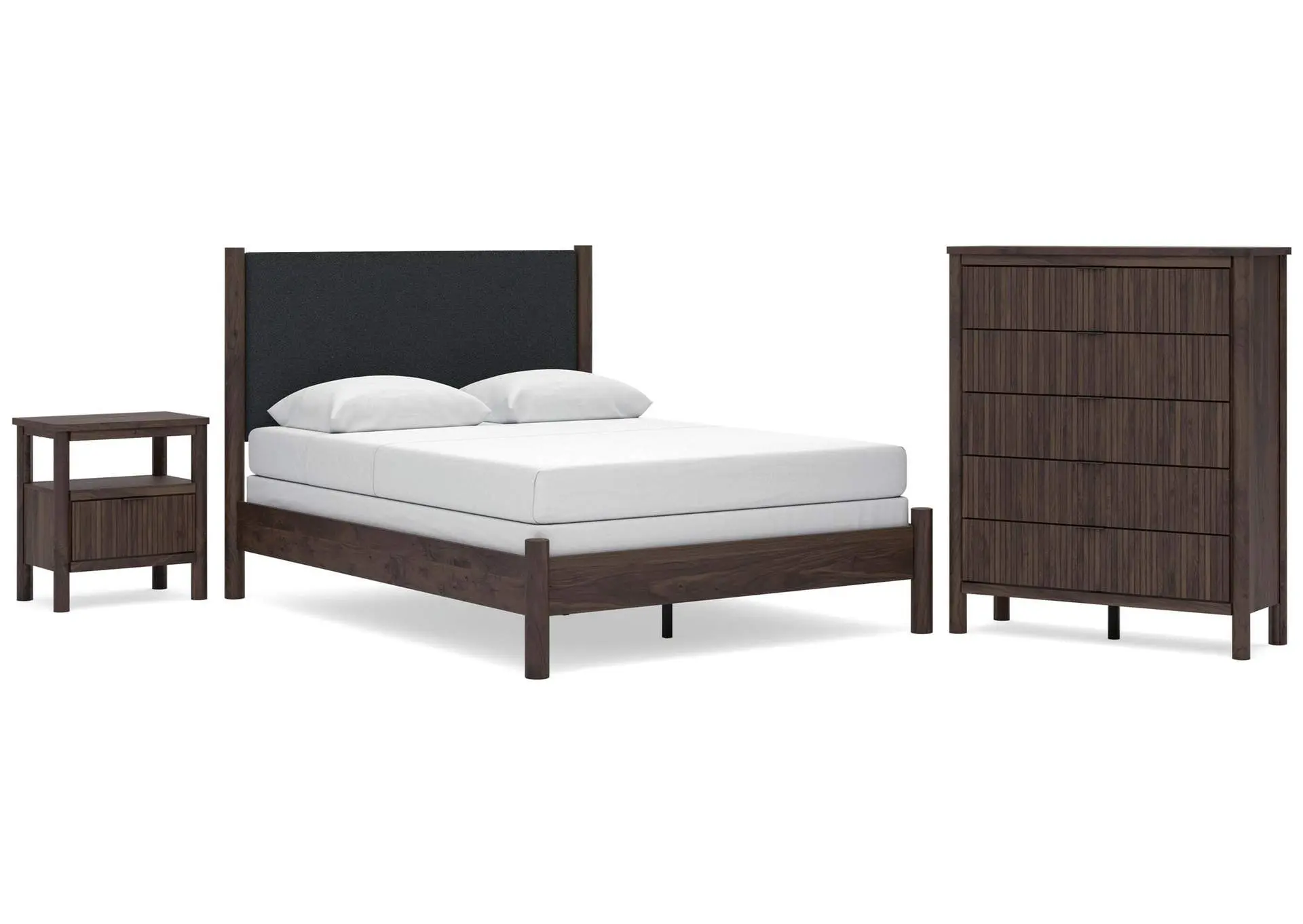 Cadmori Queen Upholstered Panel Bed, Dresser, Mirror and Nightstand