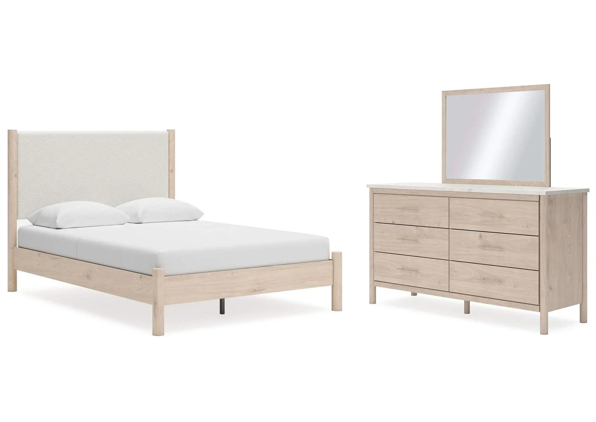 Cadmori Queen Upholstered Panel Bed with Mirrored Dresser