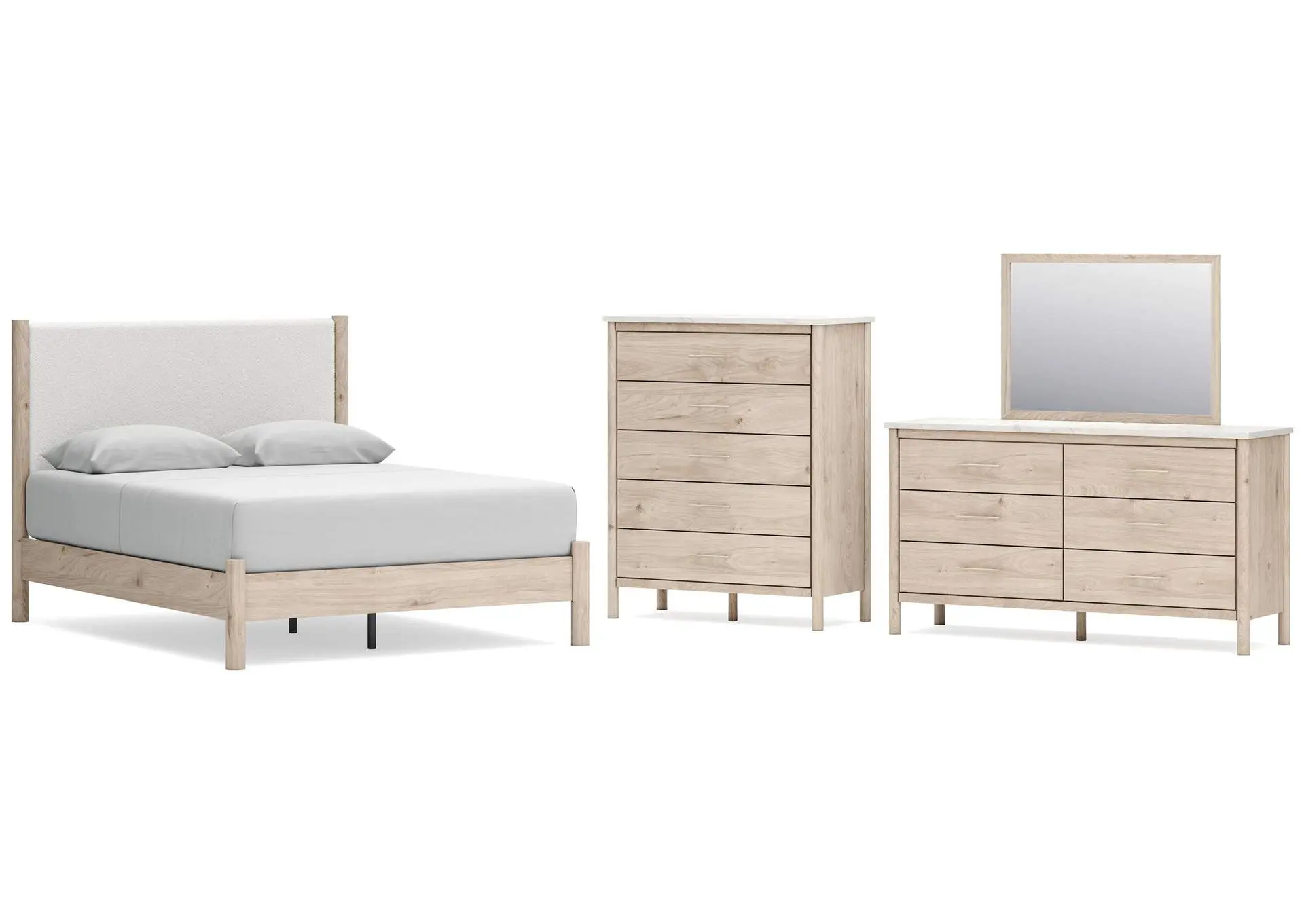 Cadmori Queen Upholstered Panel Bed with Mirrored Dresser and Chest
