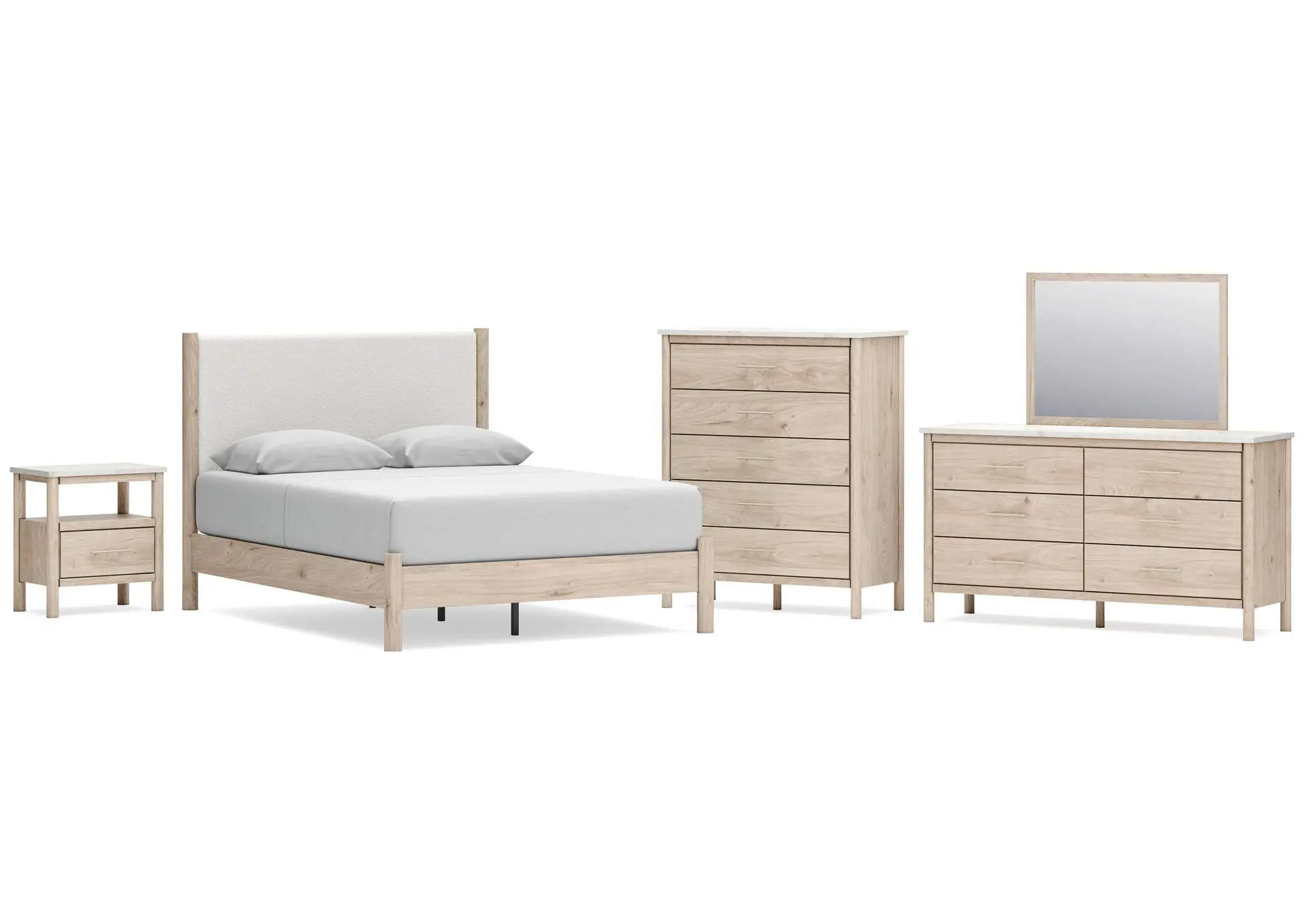 Cadmori Queen Upholstered Panel Bed with Mirrored Dresser, Chest and Nightstand