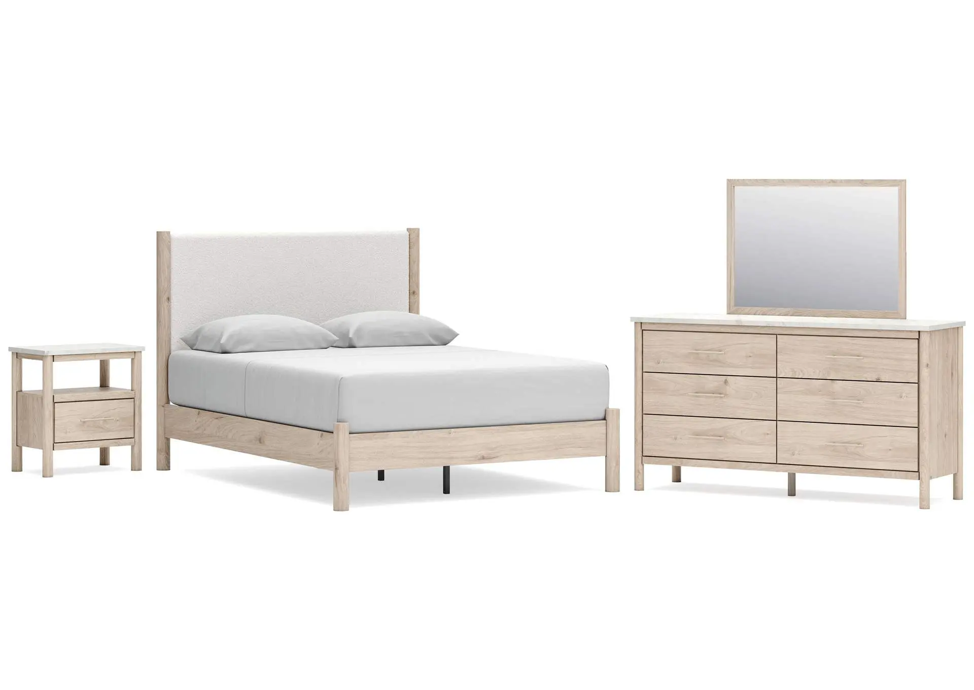 Cadmori Queen Upholstered Panel Bed with Mirrored Dresser and Nightstand