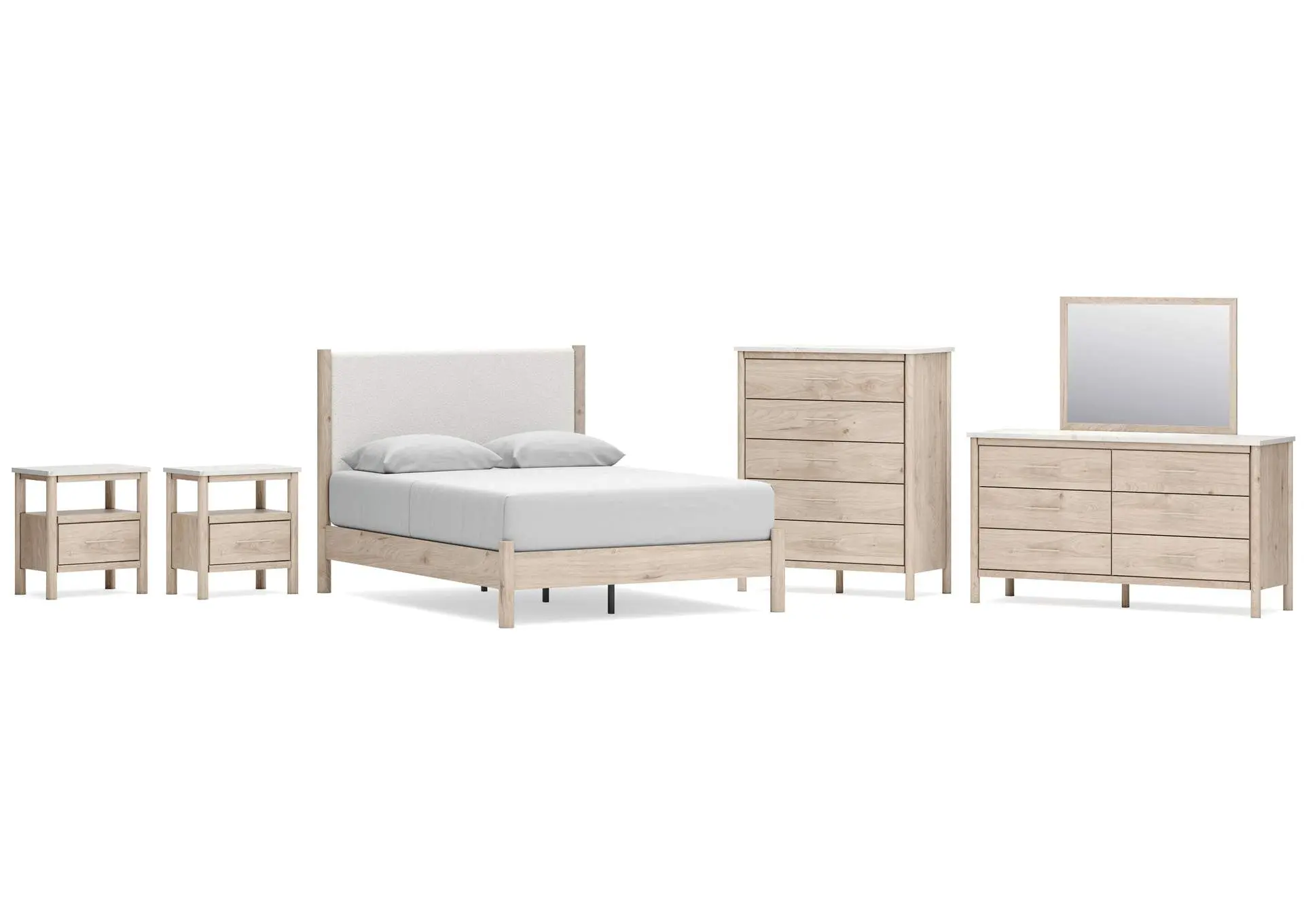 Cadmori Queen Upholstered Panel Bed, Dresser, Mirror, Chest and 2 Nightstands