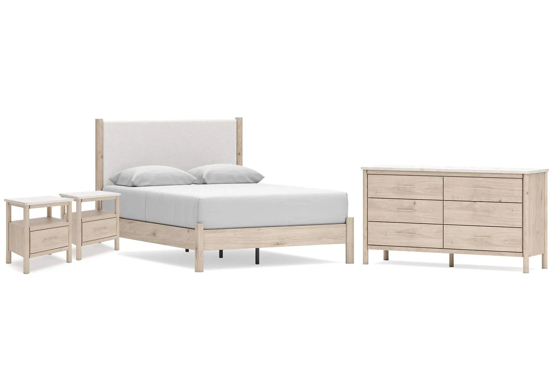 Cadmori Queen Upholstered Panel Bed, Dresser and 2 Nightstands