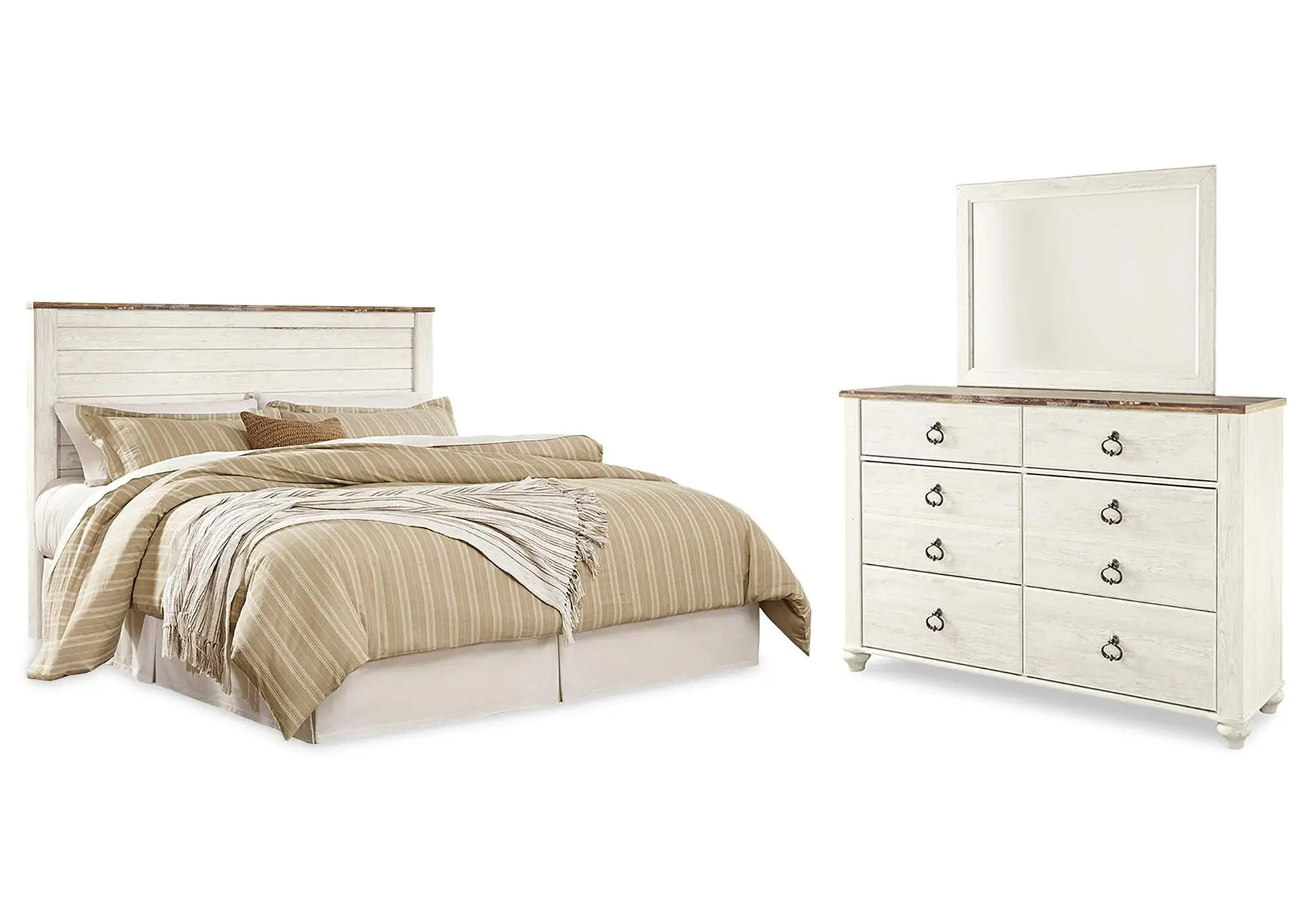 Willowton King/California King Panel Headboard Bed with Mirrored Dresser
