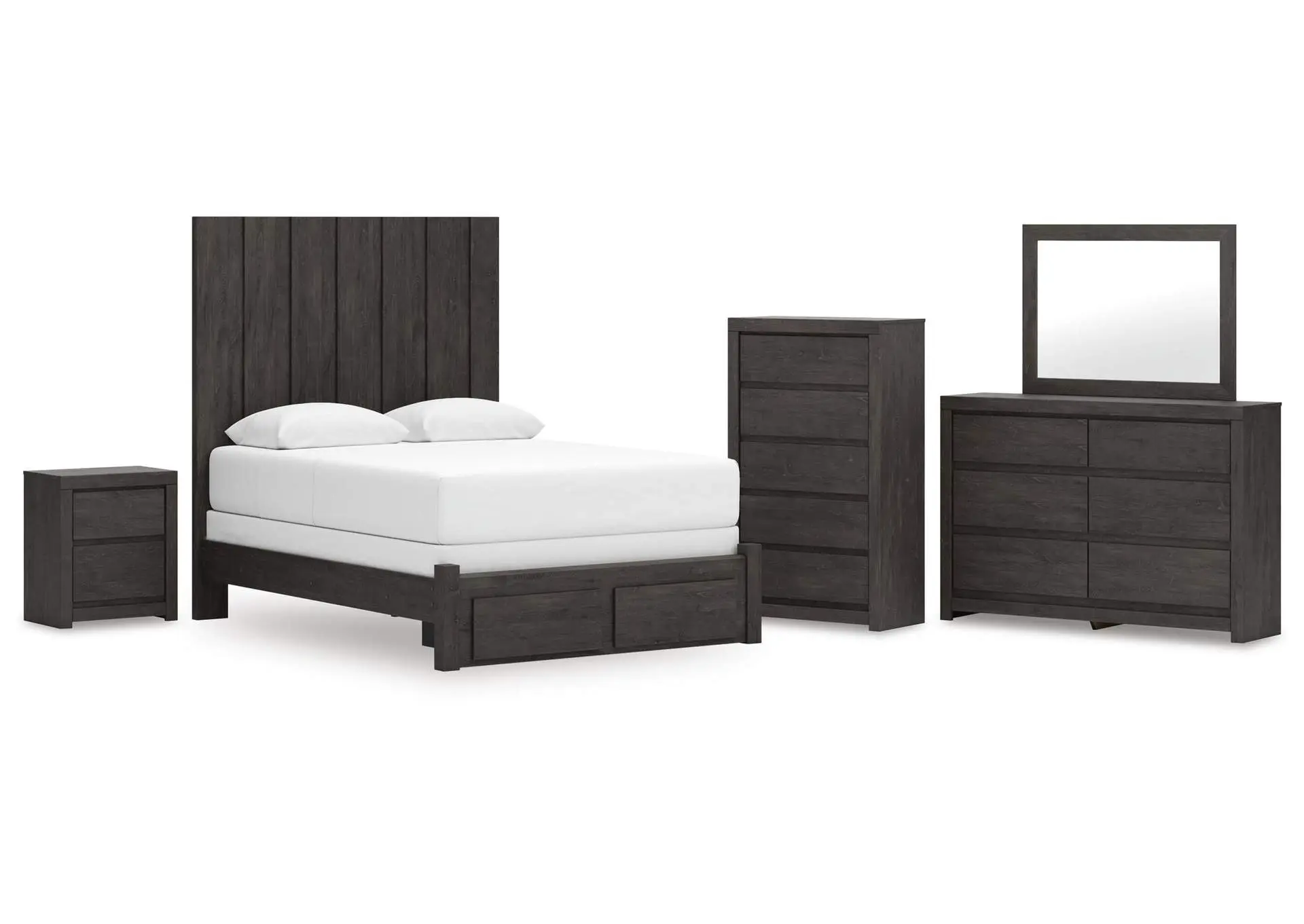 Parlayon Queen Panel Storage Bed, Dresser, Mirror, Chest and Nightstand