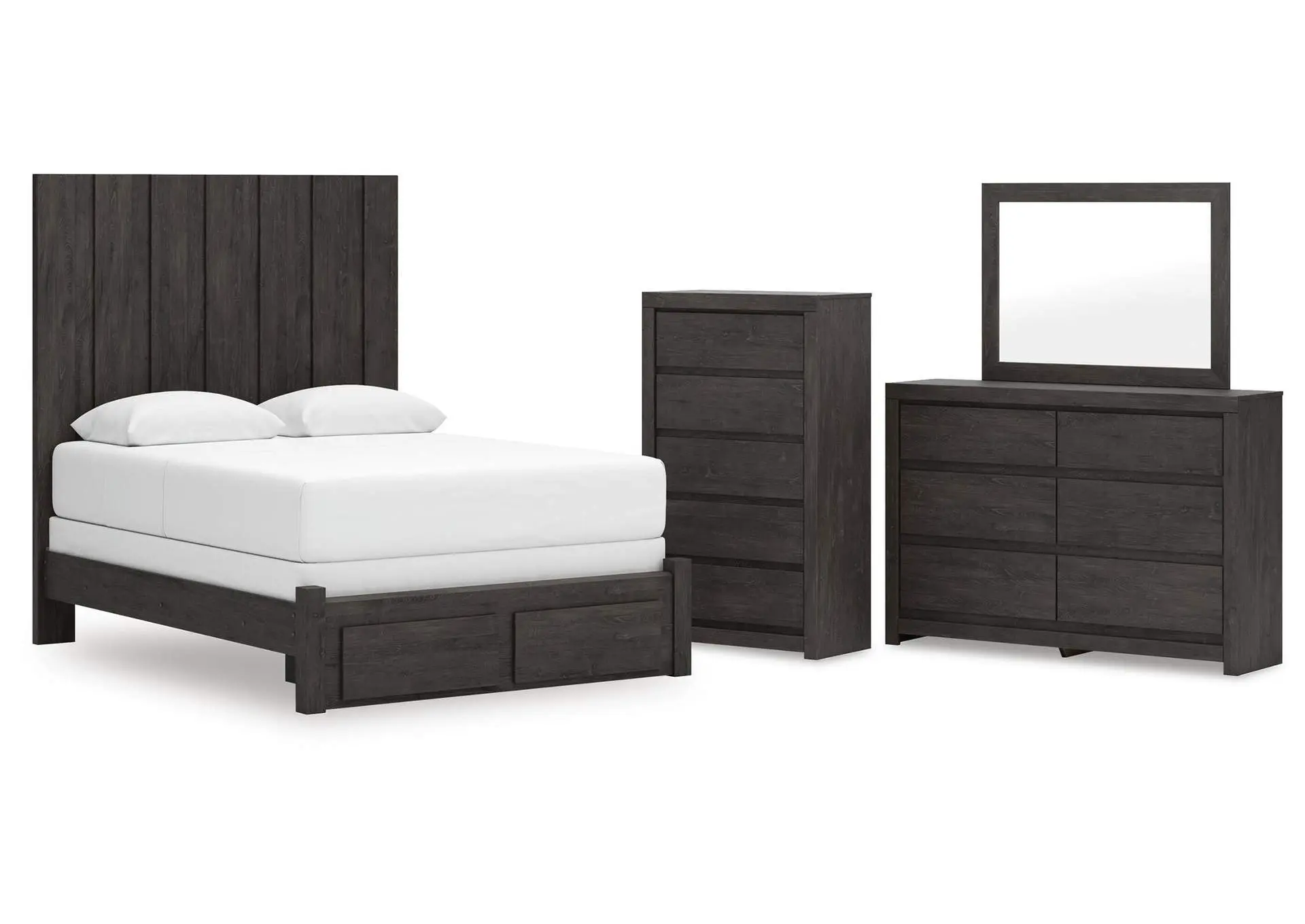 Parlayon Queen Panel Storage Bed, Dresser, Mirror and Chest