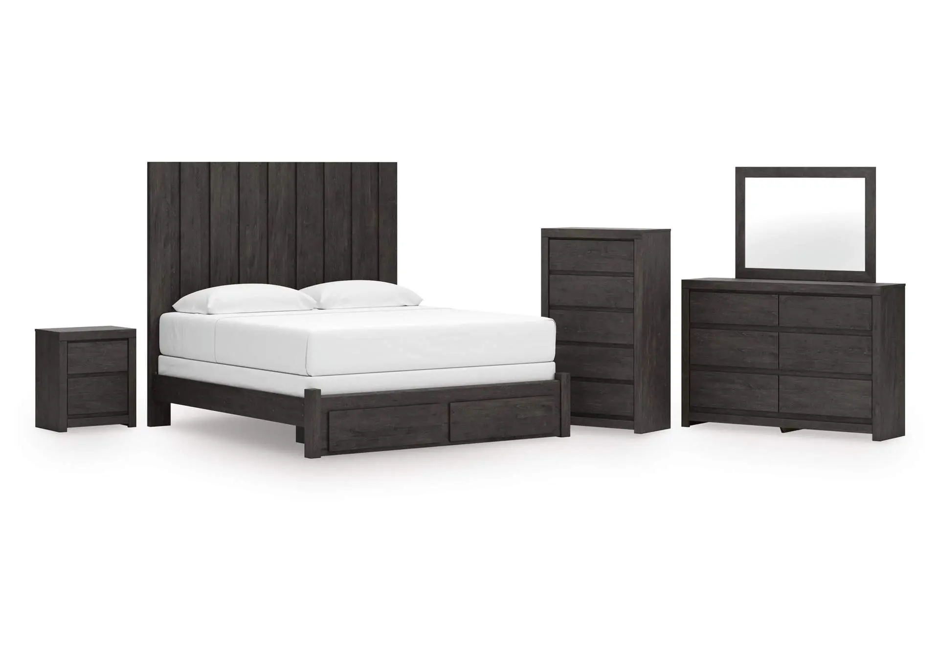 Parlayon King Panel Storage Bed, Dresser, Mirror, Chest and Nightstand