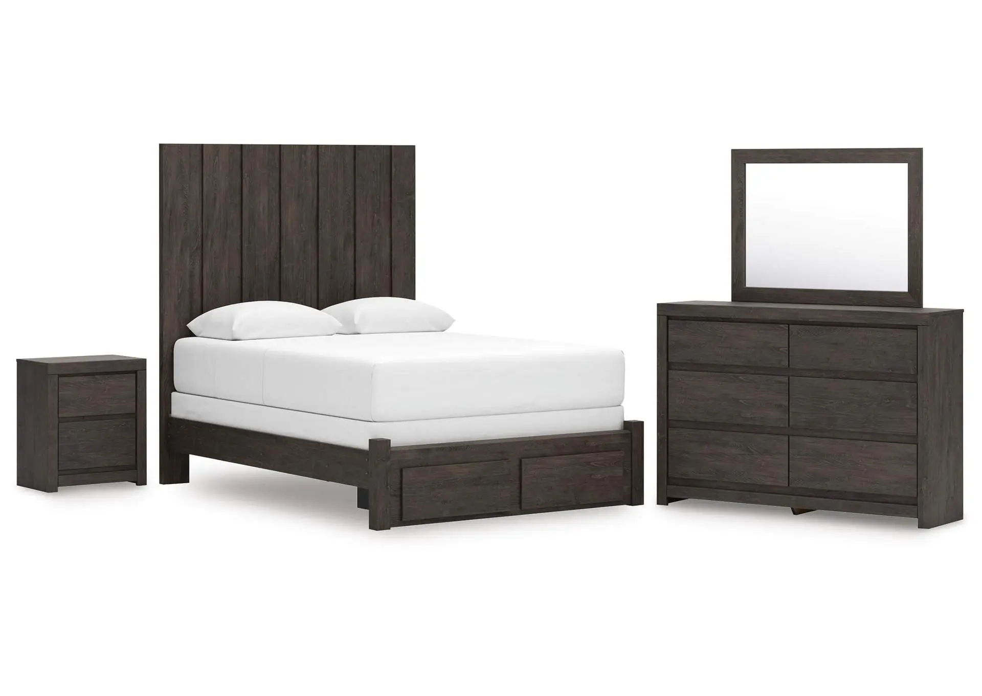 Parlayon Queen Panel Storage Bed, Dresser, Mirror and Nightstand