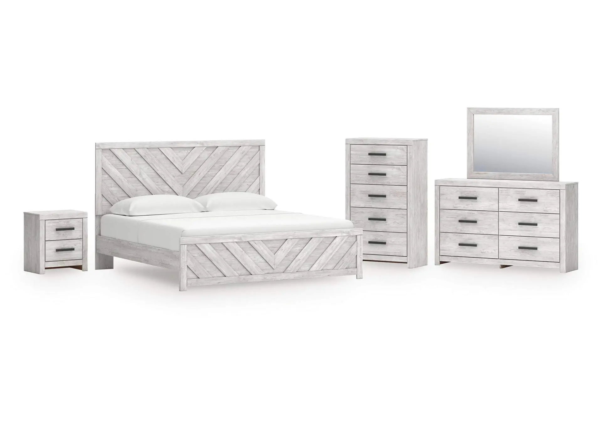 Cayboni King Panel Bed, Dresser, Mirror, Chest and Nightstand