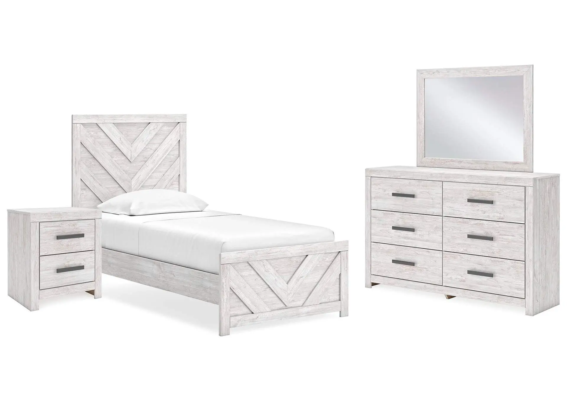 Cayboni Twin Panel Bed with Mirrored Dresser and Nightstand