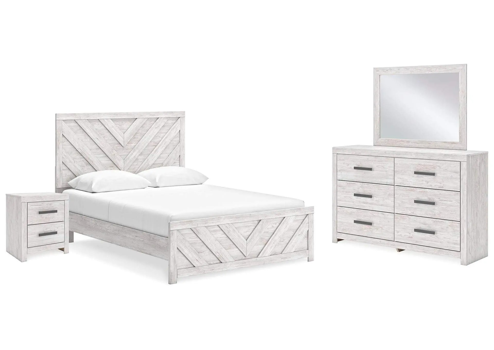 Cayboni Queen Panel Bed with Mirrored Dresser and Nightstand