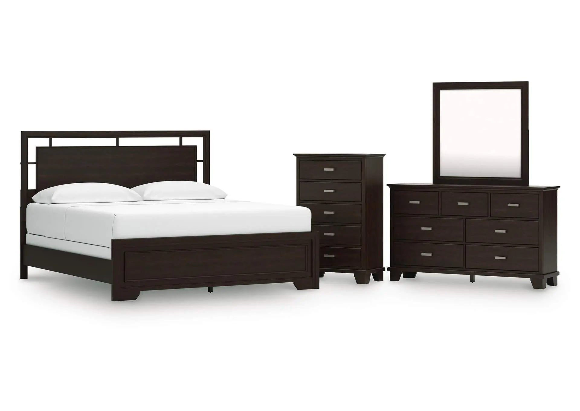 Covetown California King Panel Bed, Dresser, Mirror and Chest