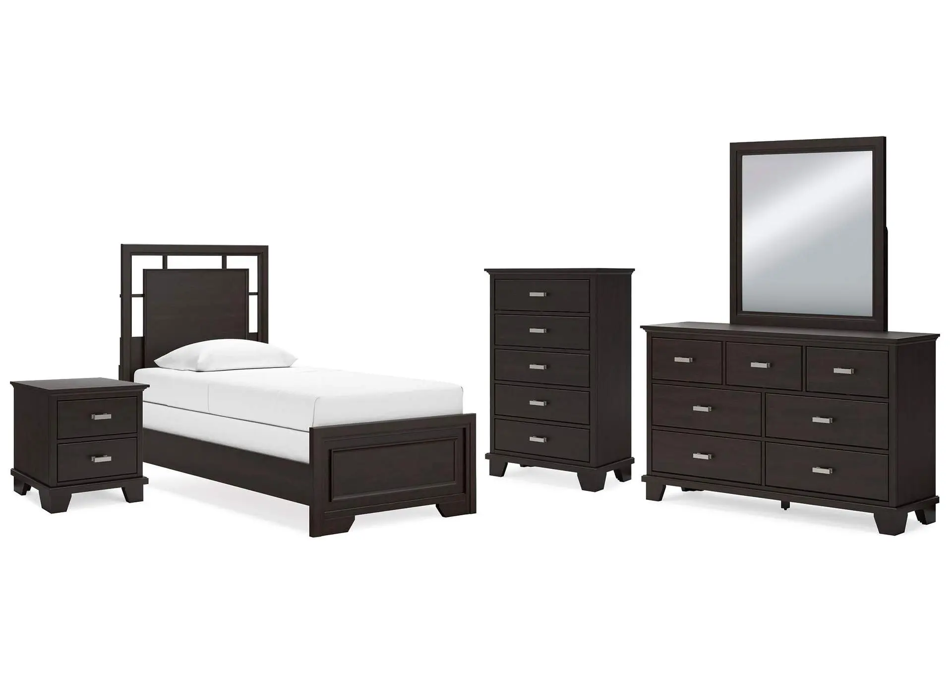 Covetown Twin Panel Bed, Dresser, Mirror, Chest and Nightstand