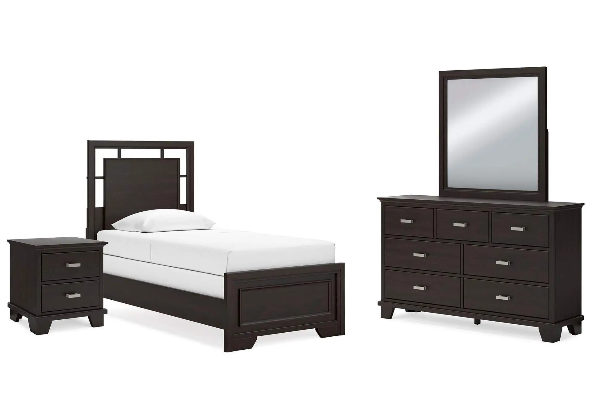 Covetown Twin Panel Bed with Mirrored Dresser and Nightstand