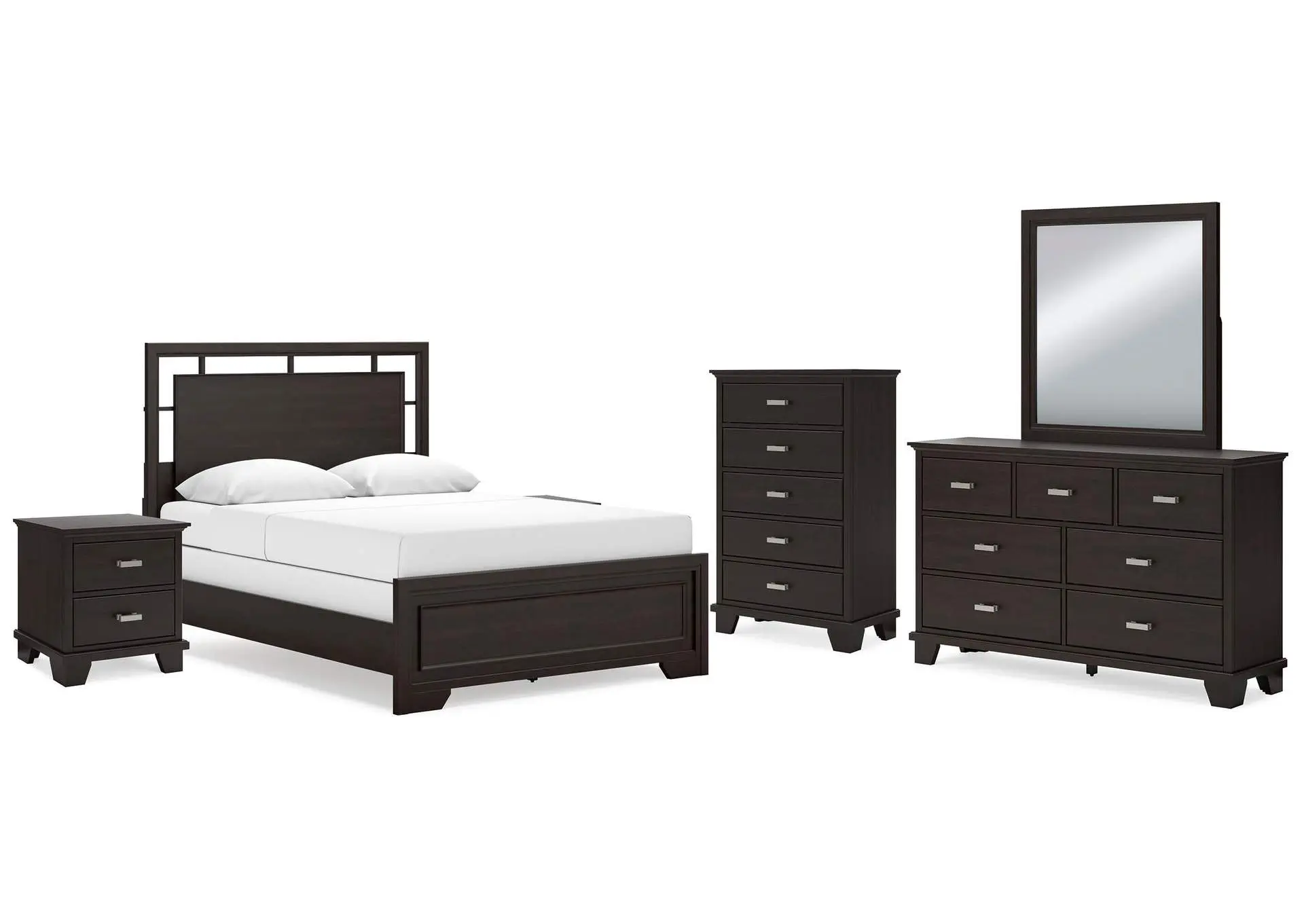 Covetown Queen Panel Bed with Mirrored Dresser, Chest and 2 Nightstands