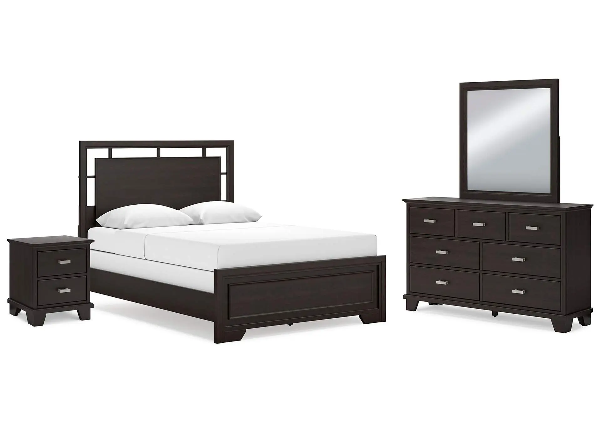 Covetown Queen Panel Bed with Mirrored Dresser and Nightstand