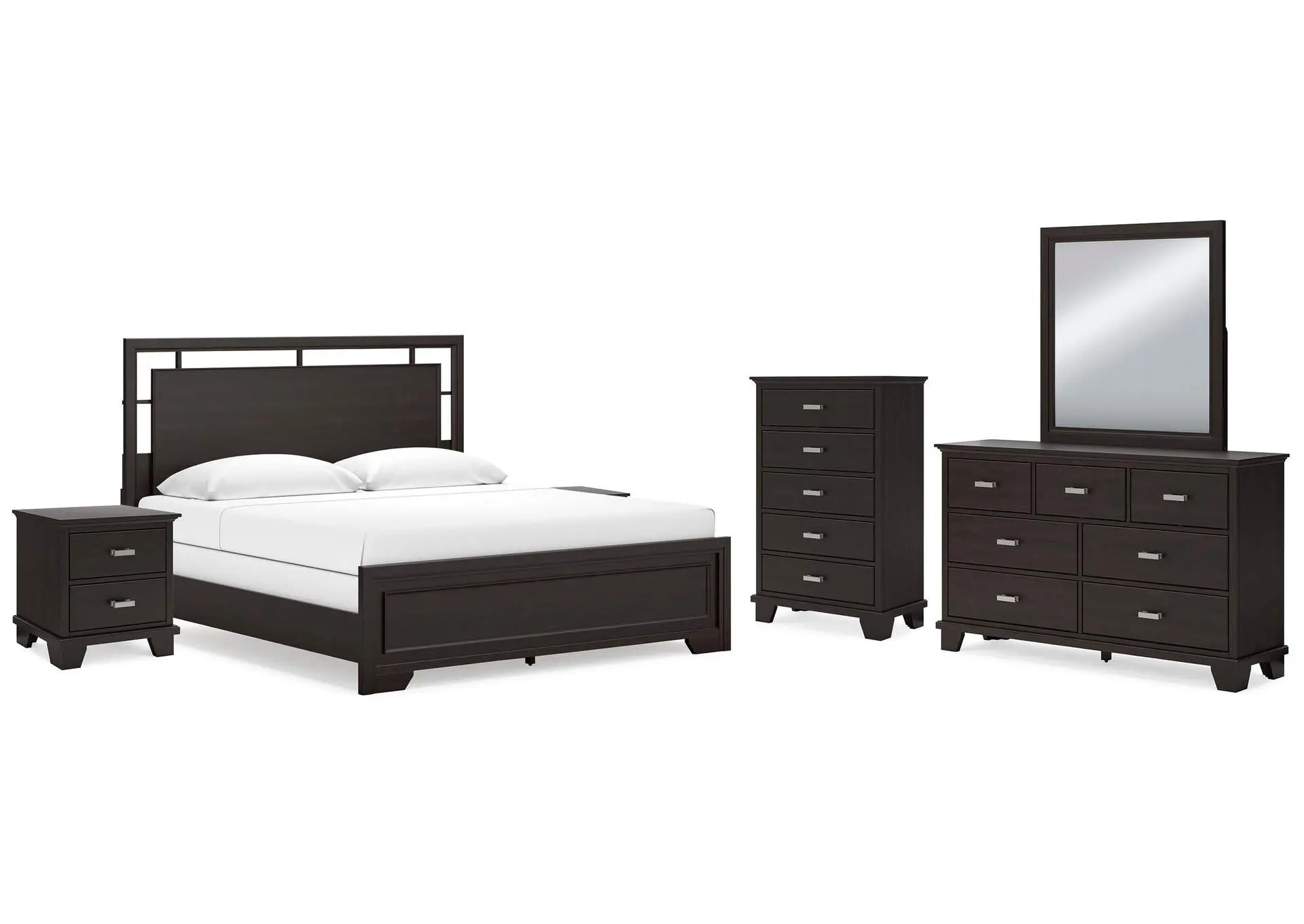 Covetown California King Panel Bed with Mirrored Dresser, Chest and 2 Nightstands