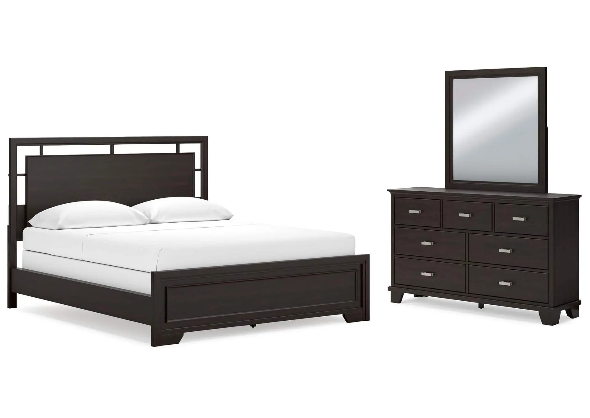 Covetown California King Panel Bed with Mirrored Dresser