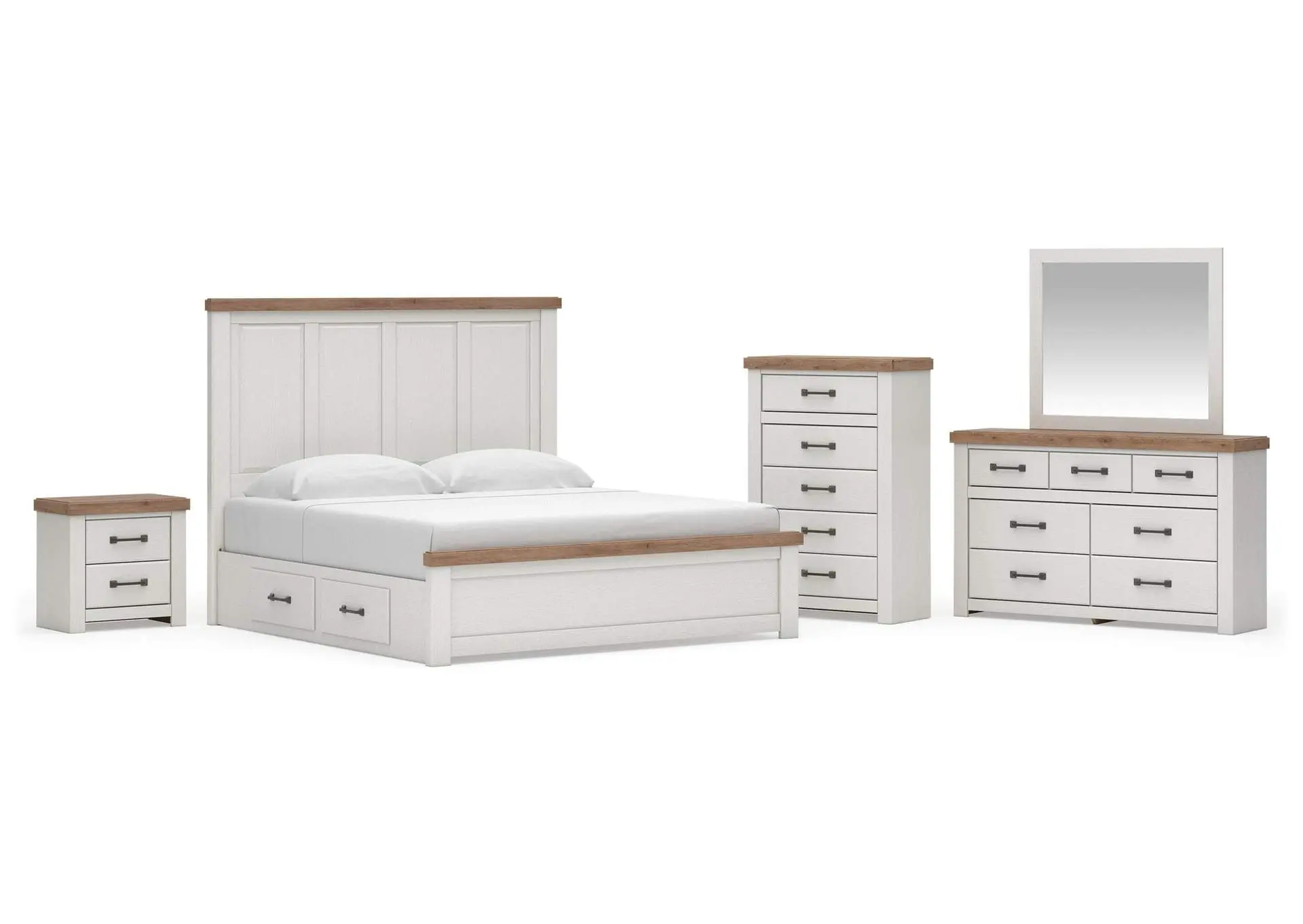 Savonport King Panel Bed with Storage, Dresser, Mirror, Chest and Nightstand