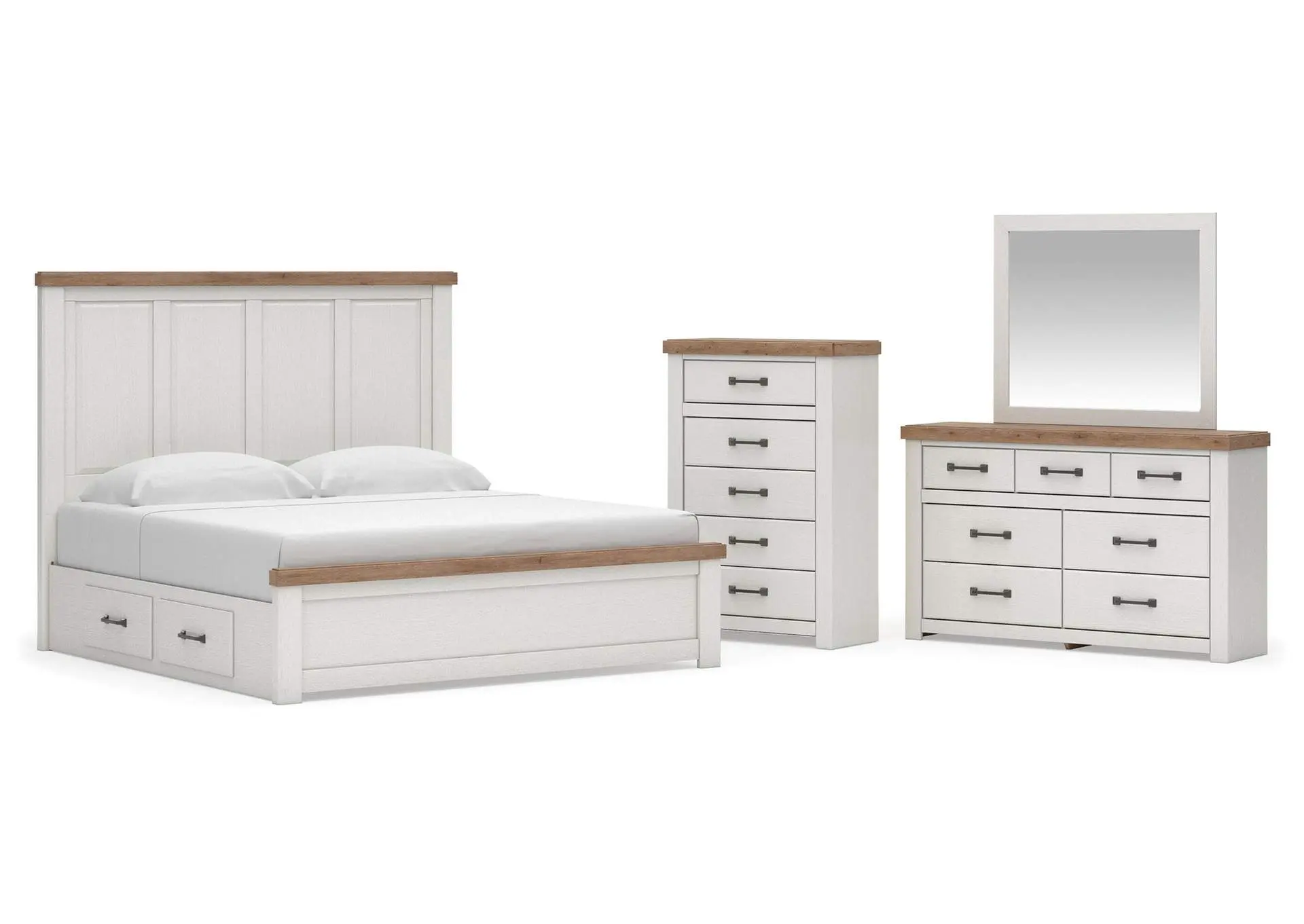 Savonport King Panel Bed with Storage, Dresser, Mirror and Chest