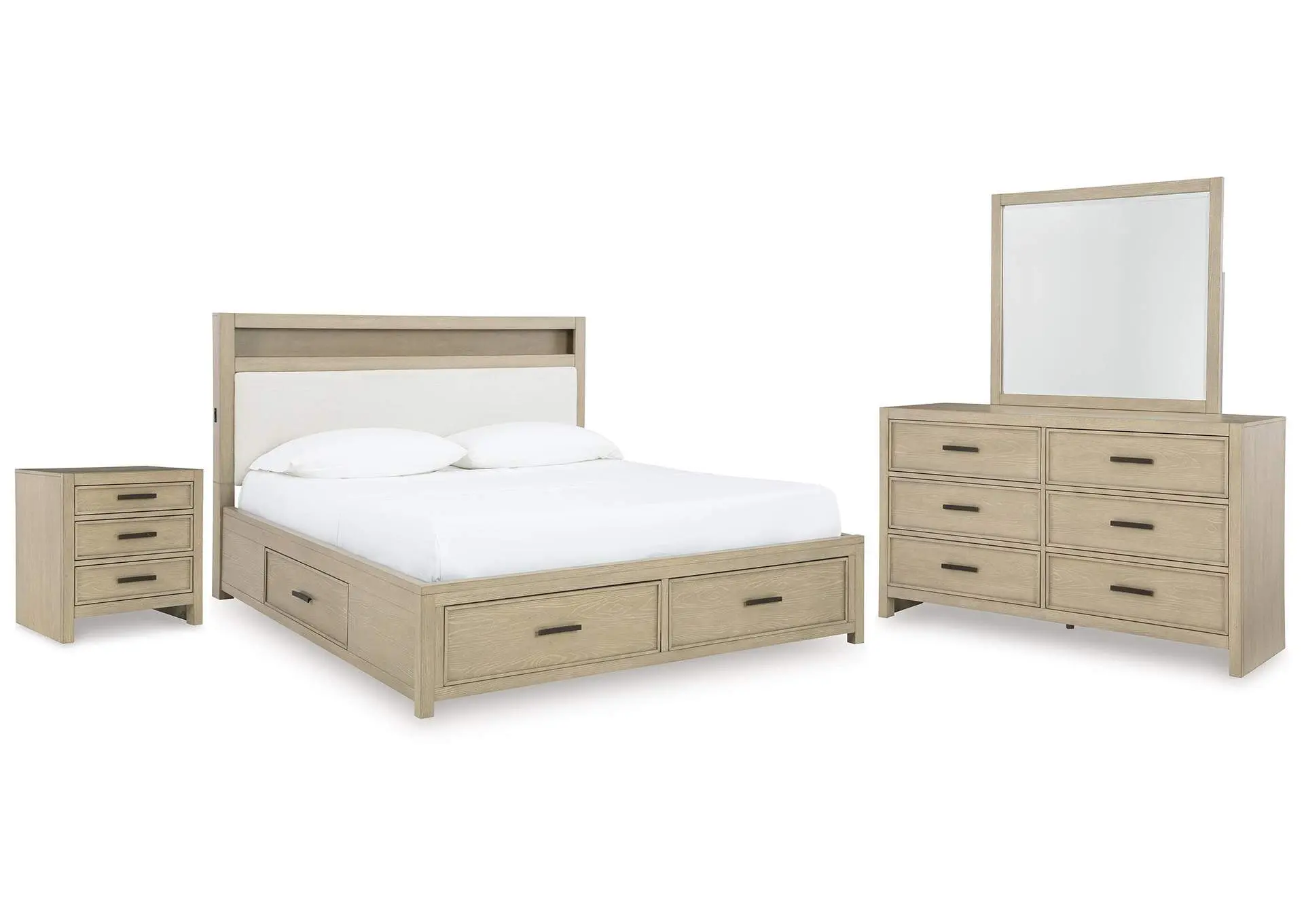 Calmoro Queen Bookcase Bed with Mirrored Dresser and Nightstand