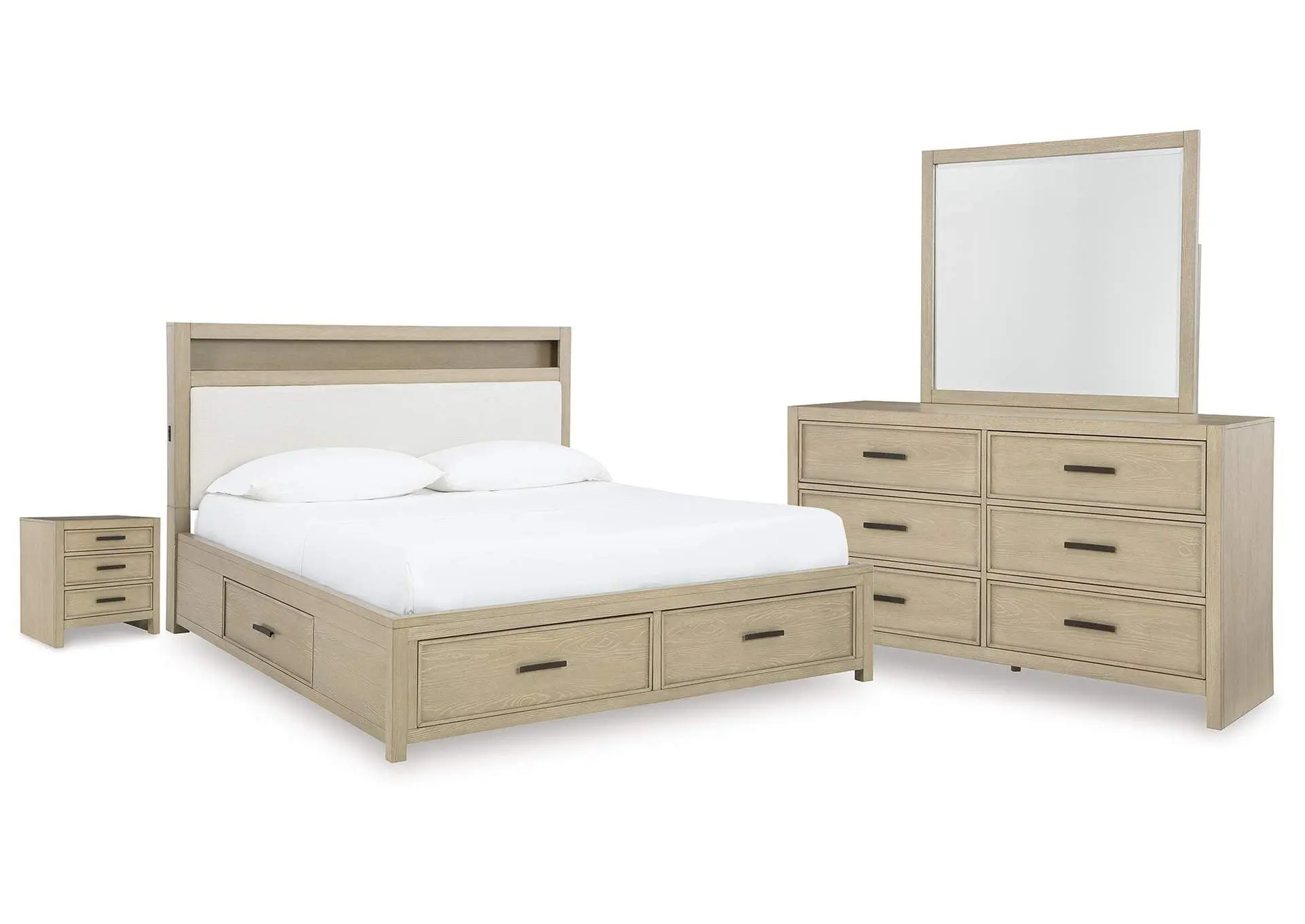 Calmoro King Bookcase Bed with Mirrored Dresser and Nightstand