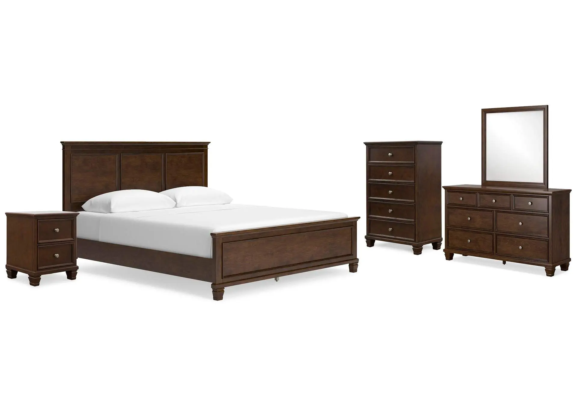 Danabrin California King Panel Bed with Mirrored Dresser, Chest and Nightstand