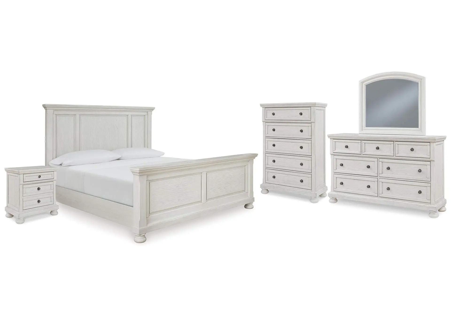 Robbinsdale California King Panel Bed with Mirrored Dresser, Chest and Nightstand