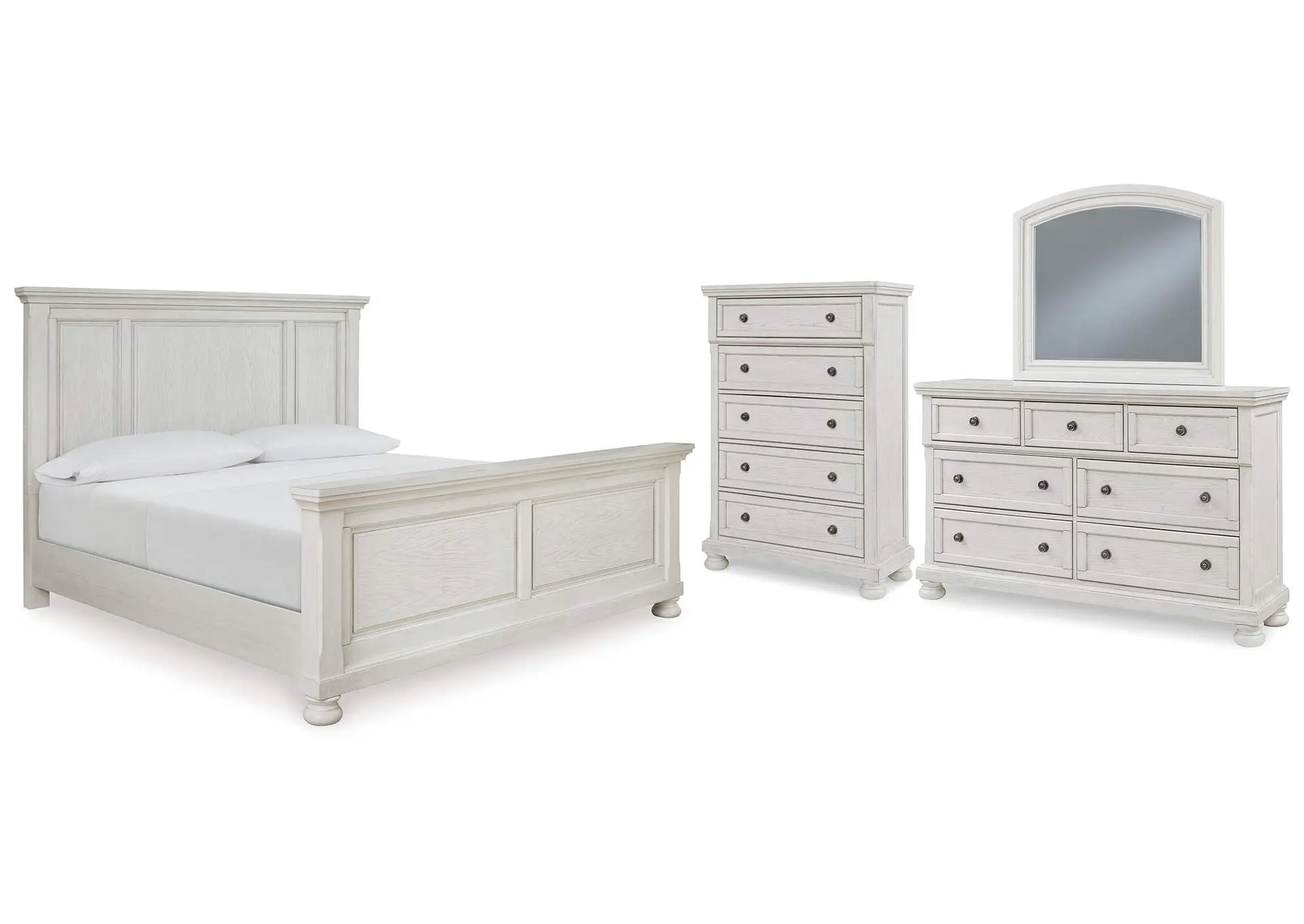 Robbinsdale California King Panel Bed with Mirrored Dresser and Chest