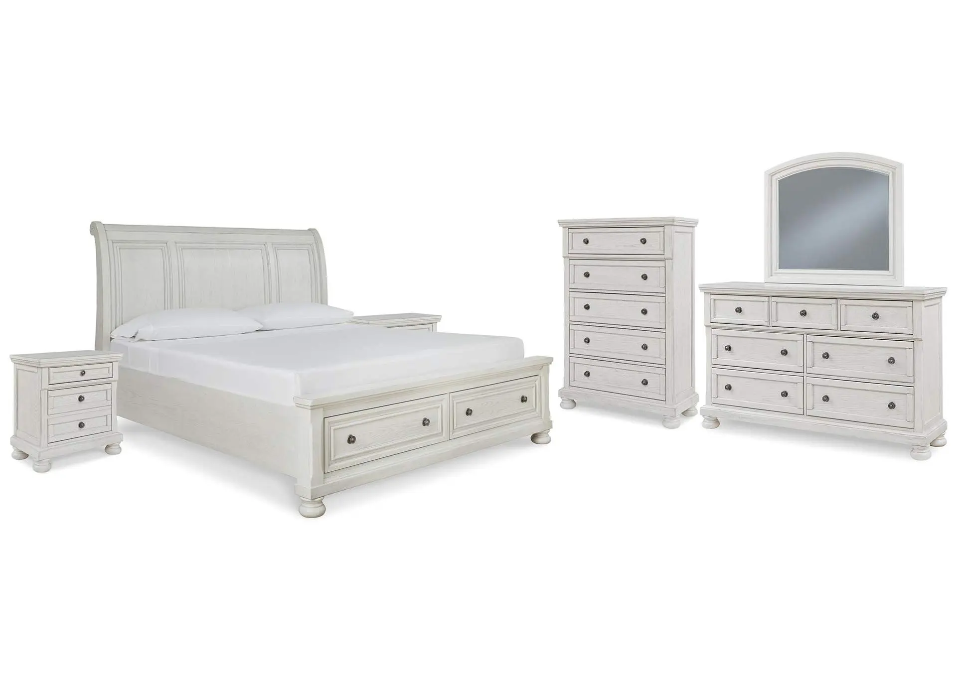 Robbinsdale King Sleigh Bed with Storage with Mirrored Dresser, Chest and 2 Nightstands