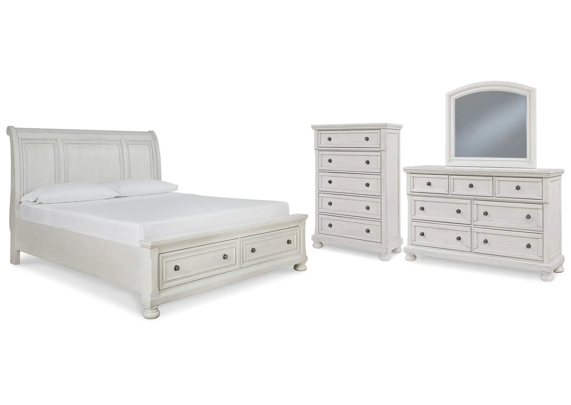 Robbinsdale King Sleigh Bed with Storage with Mirrored Dresser and Chest