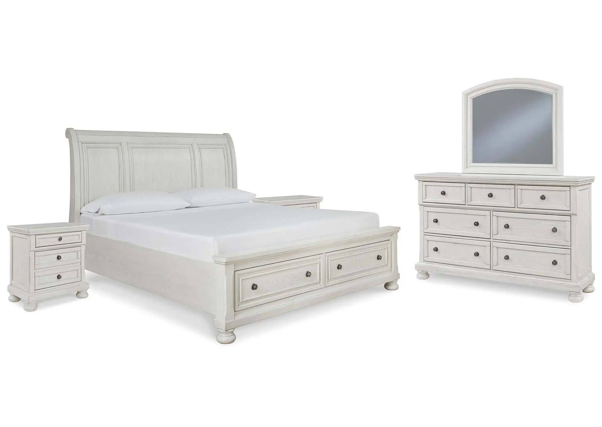 Robbinsdale Queen Sleigh Bed with Storage with Mirrored Dresser and 2 Nightstands