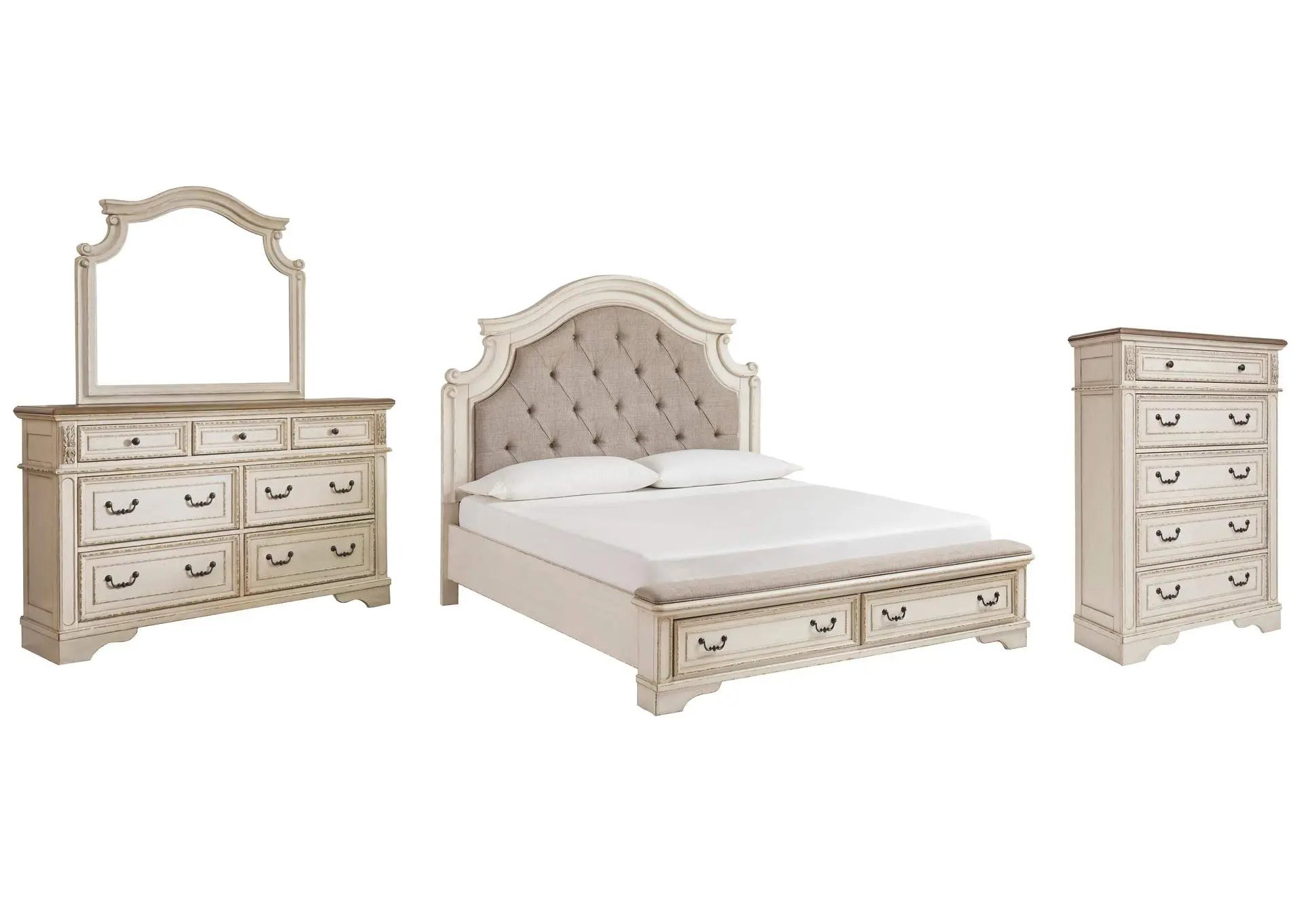 Realyn Queen Upholstered Bed with Mirrored Dresser and Chest