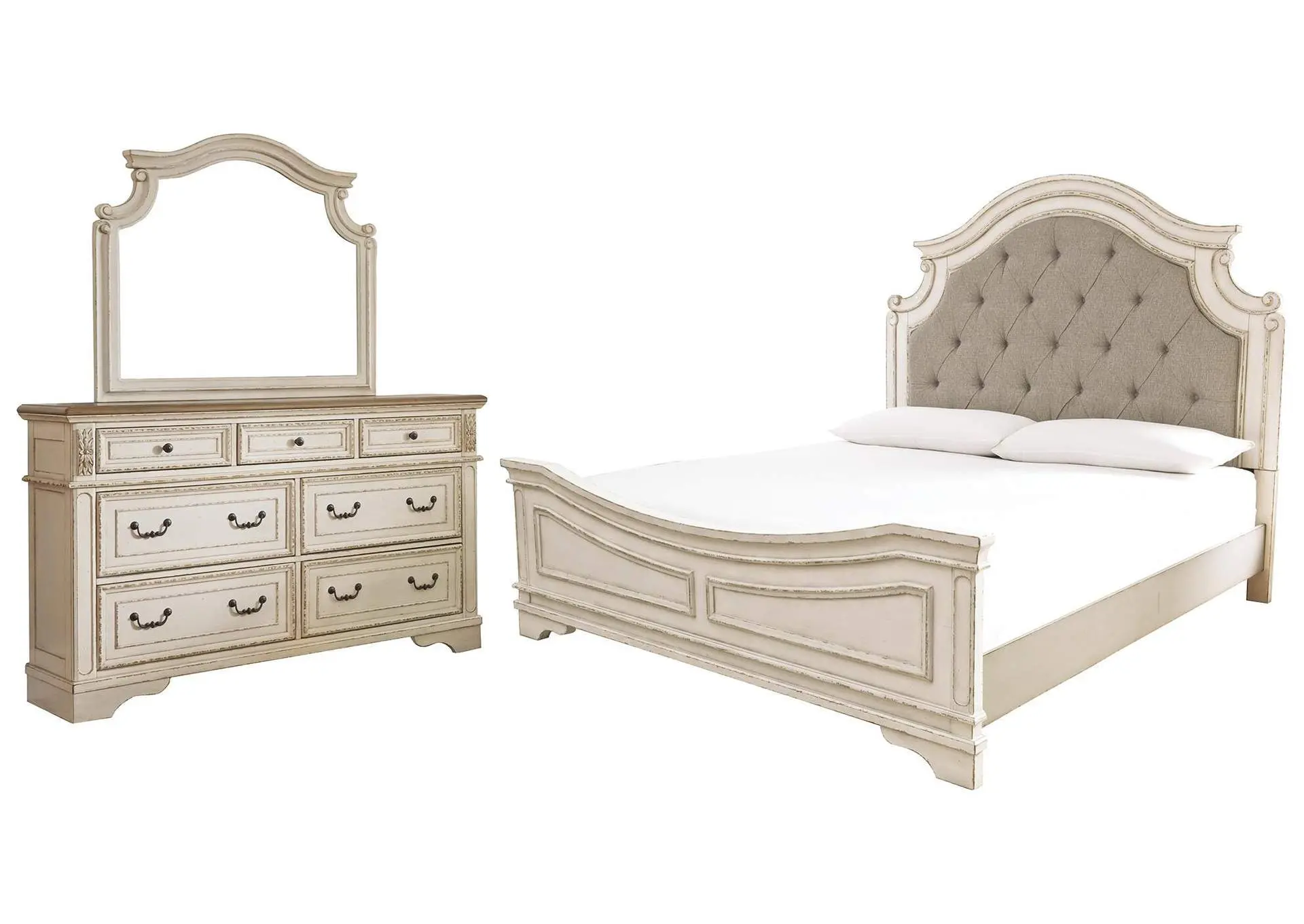 Realyn King Upholstered Panel Bed with Mirrored Dresser