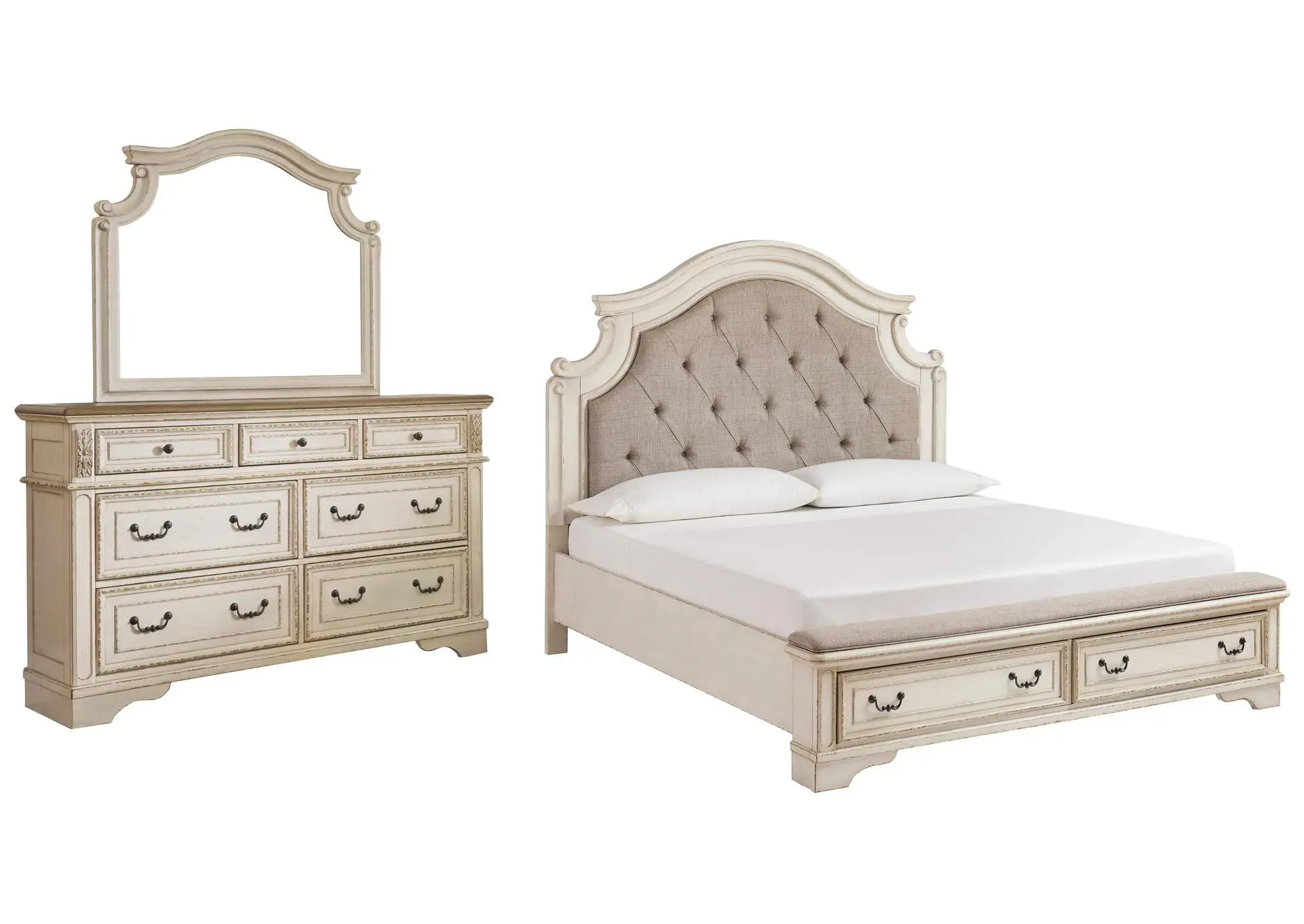 Realyn King Upholstered Bed with Mirrored Dresser