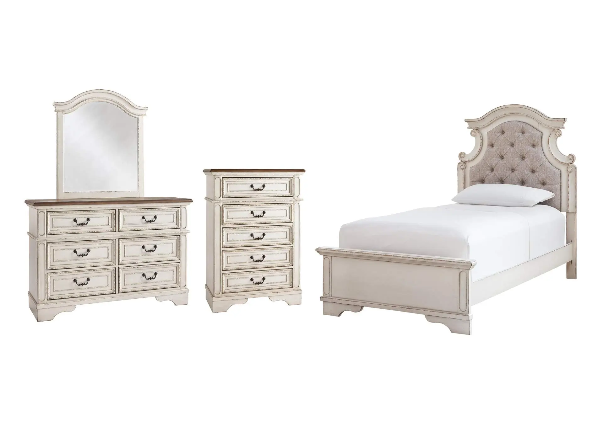 Realyn Twin Panel Bed with Mirrored Dresser and Chest