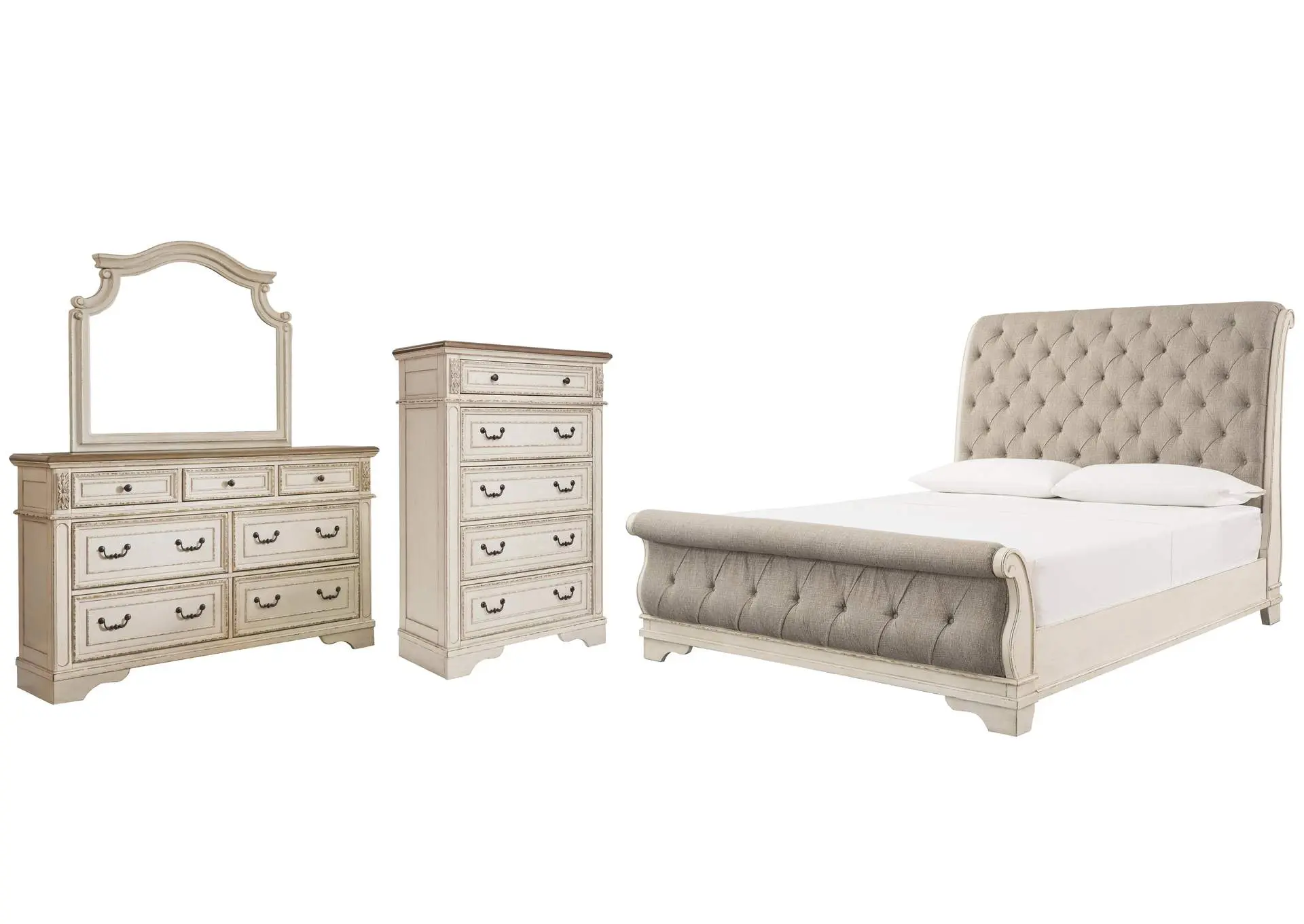 Realyn California King Sleigh Bed with Mirrored Dresser and Chest