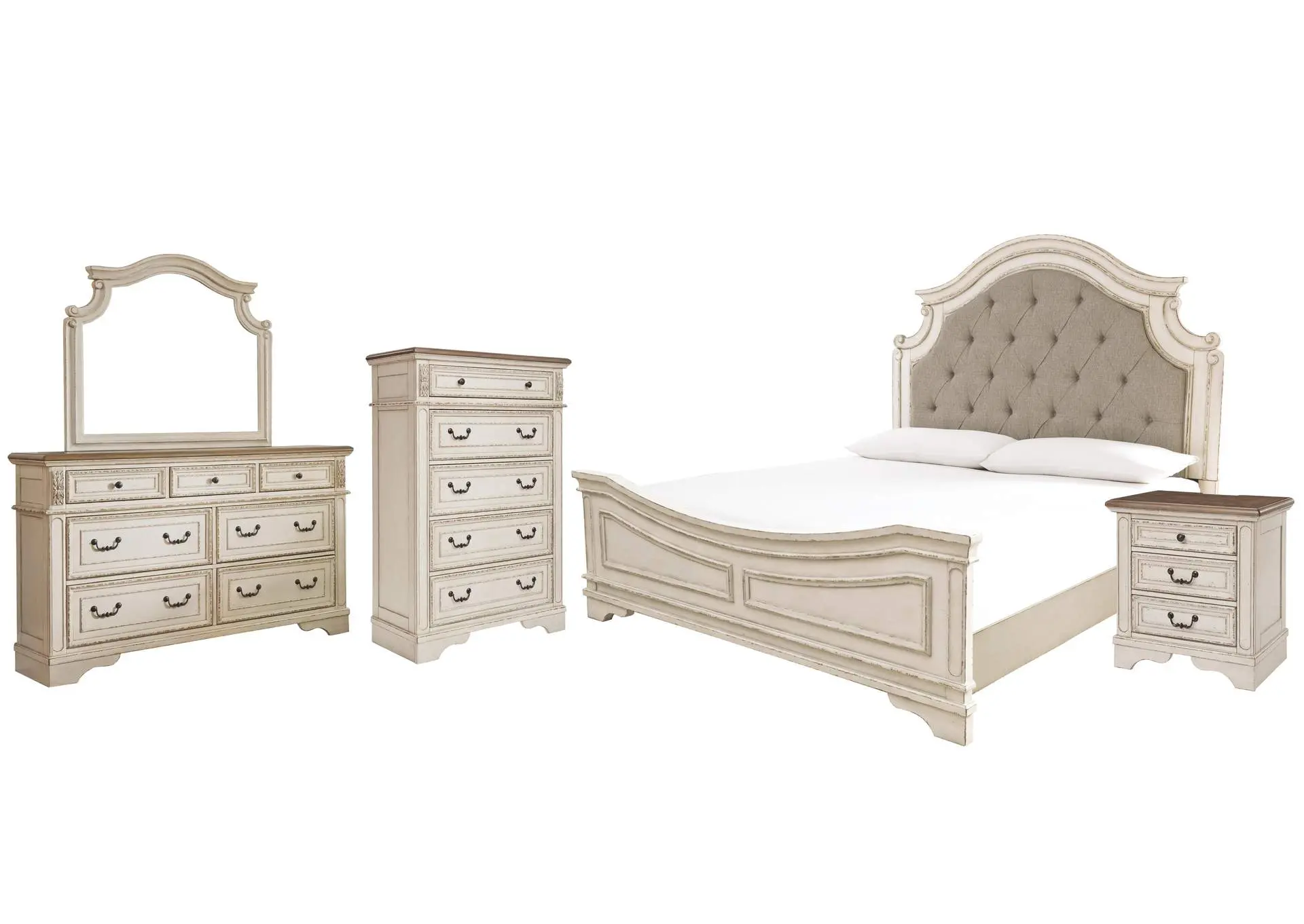 Realyn King Upholstered Panel Bed with Mirrored Dresser, Chest and Nightstand
