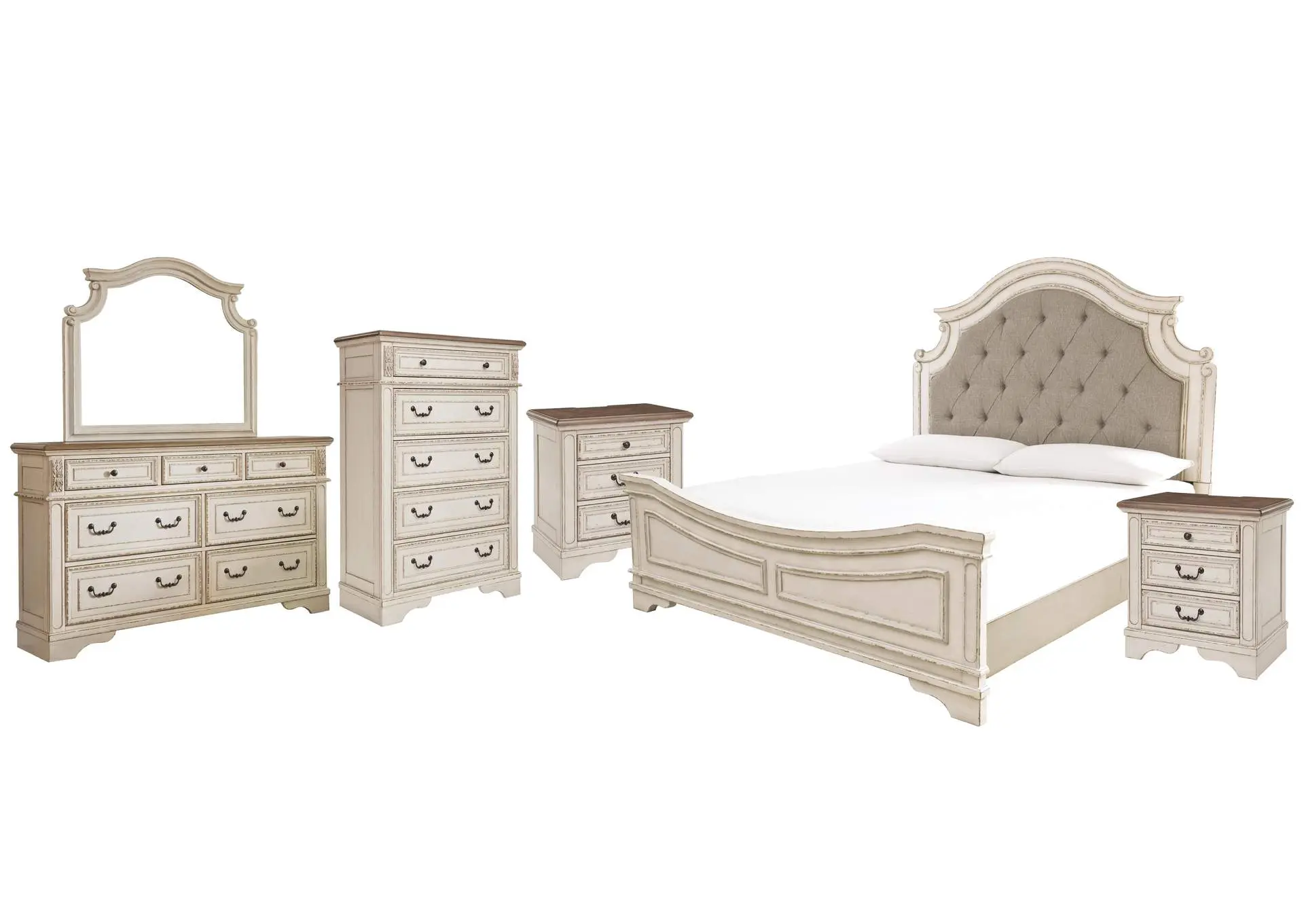 Realyn Queen Upholstered Panel Bed with Mirrored Dresser, Chest and 2 Nightstands