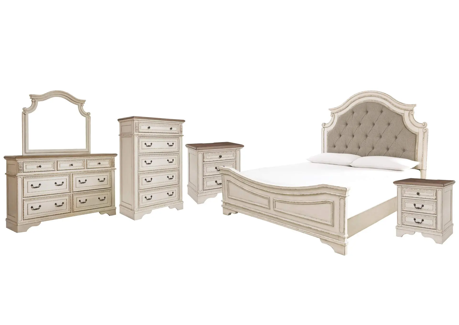Realyn California King Upholstered Panel Bed with Mirrored Dresser, Chest and 2 Nightstands
