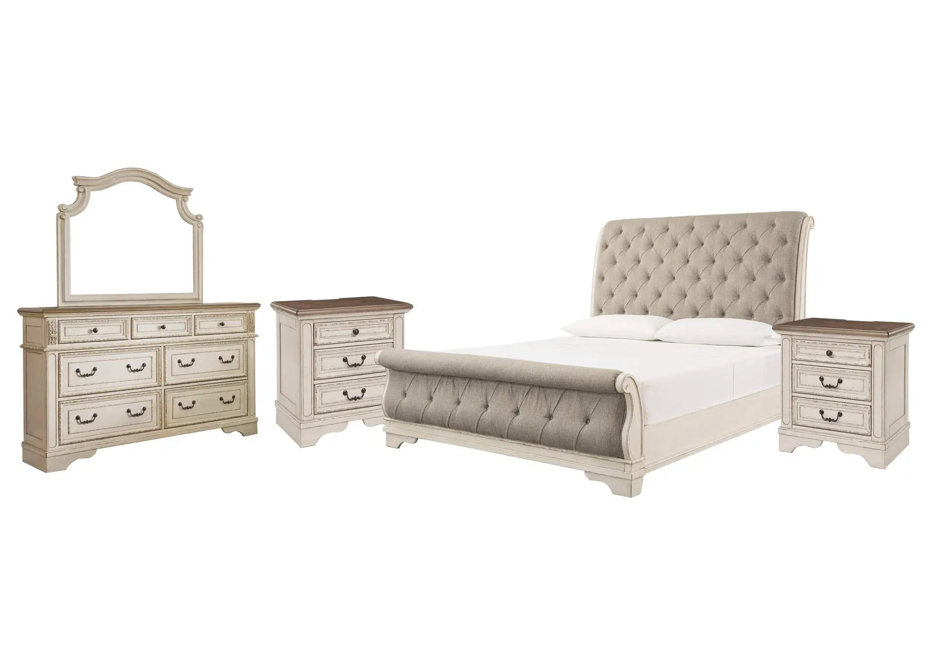 Realyn California King Sleigh Bed with Mirrored Dresser and 2 Nightstands
