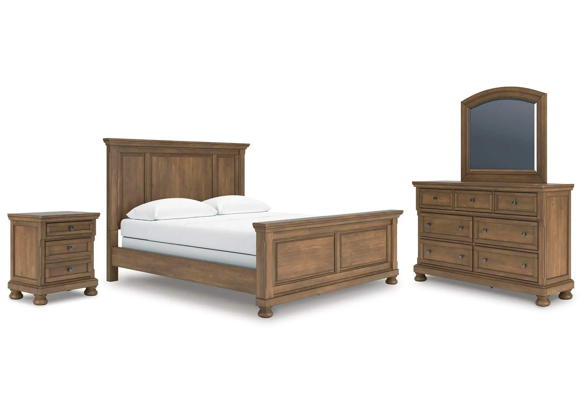 Vandenmore California King Panel Bed with Mirrored Dresser and Nightstand