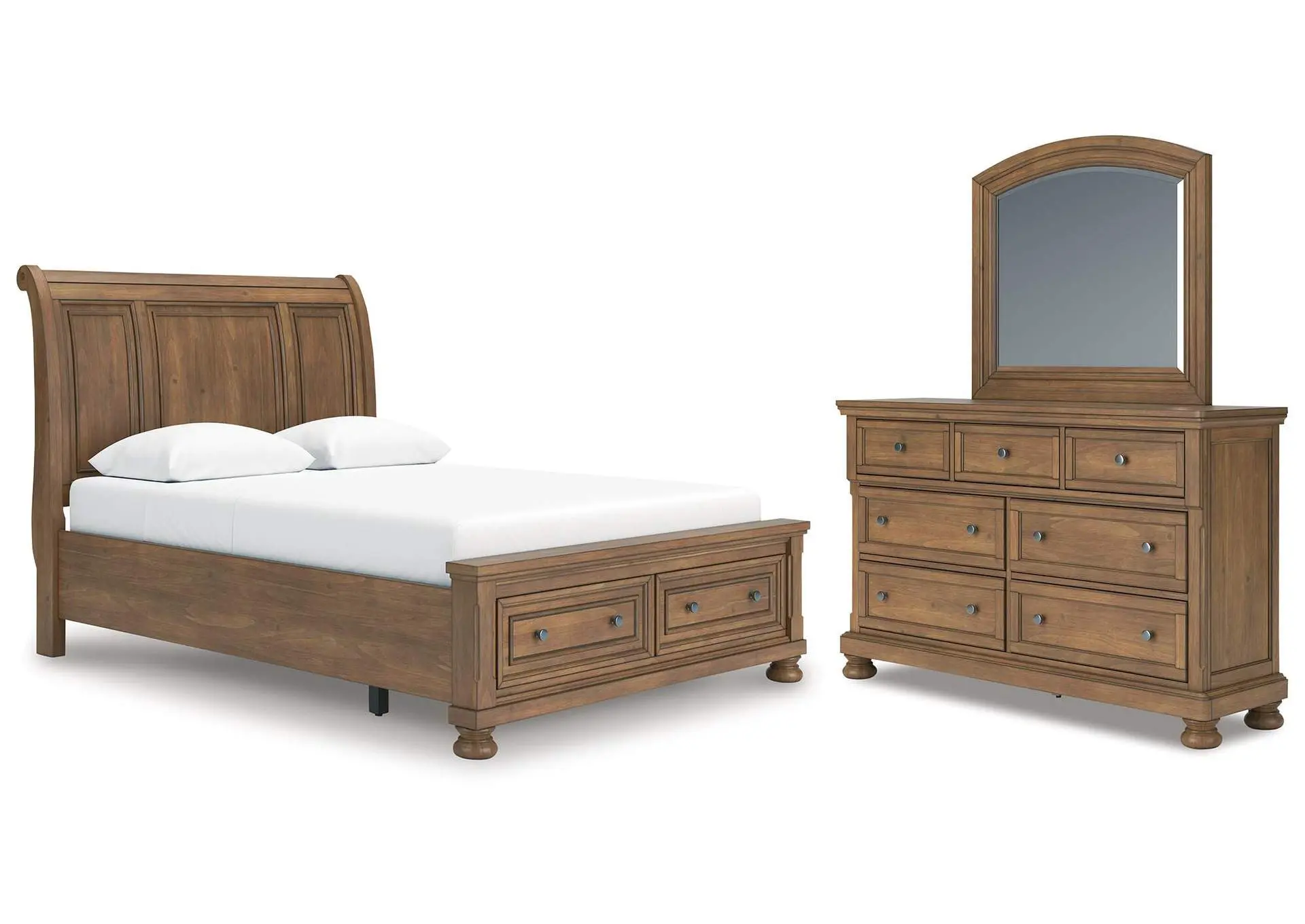 Vandenmore Queen Storage Sleigh Bed with Mirrored Dresser