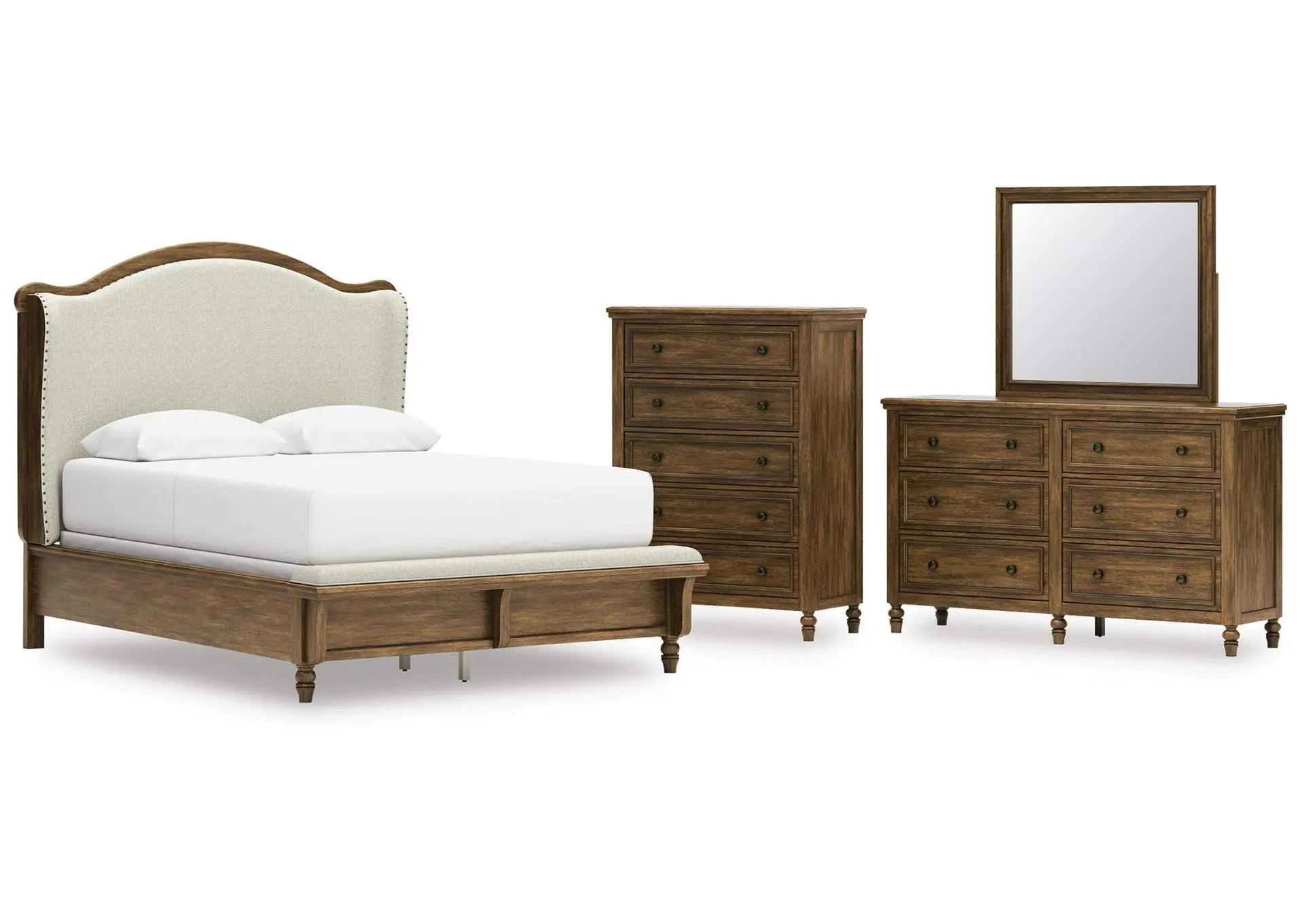 Sturlayne Queen Upholstered Panel Bed, Dresser, Mirror and Chest