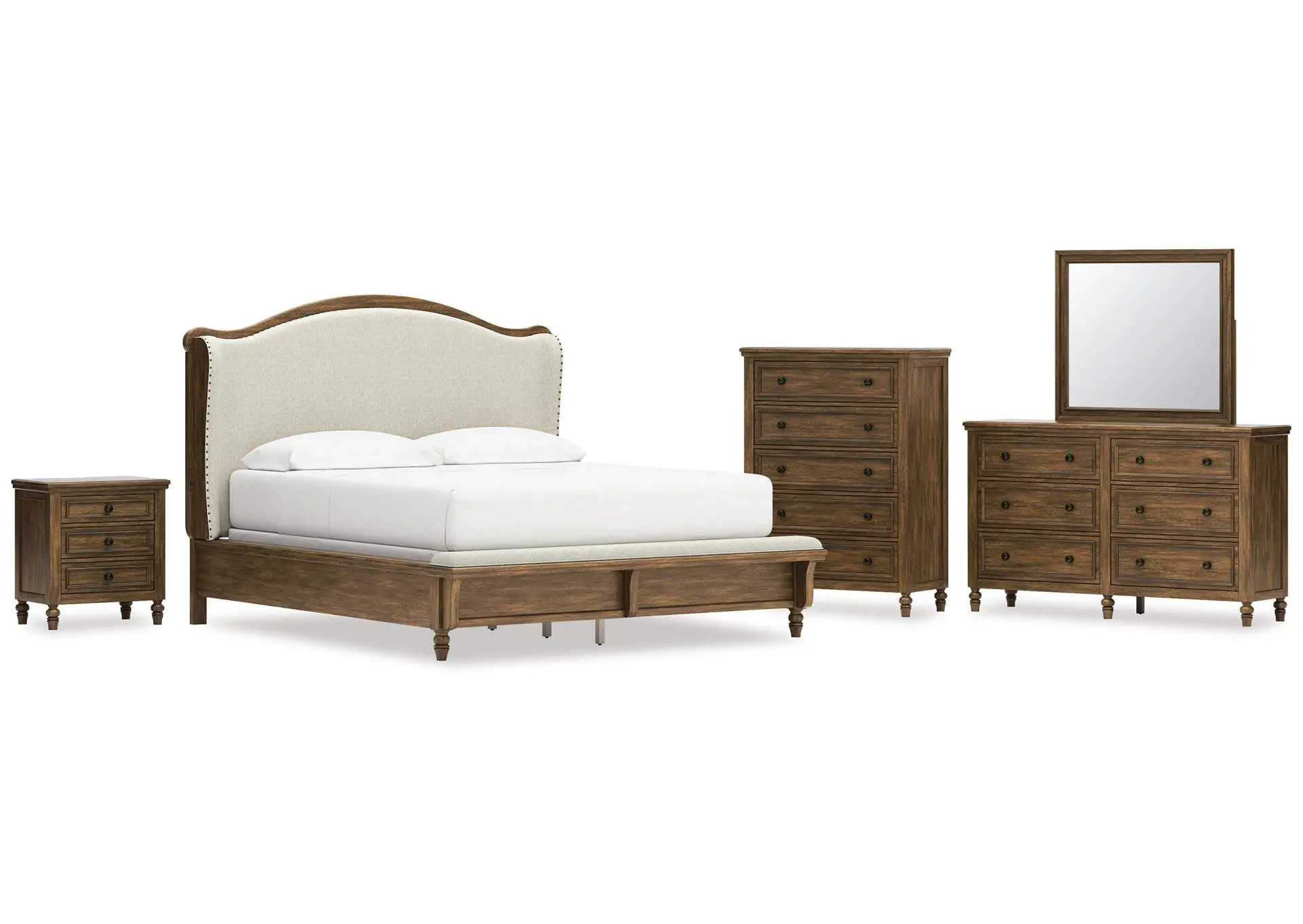 Sturlayne California King Upholstered Panel Bed, Dresser, Mirror, Chest and Nightstand