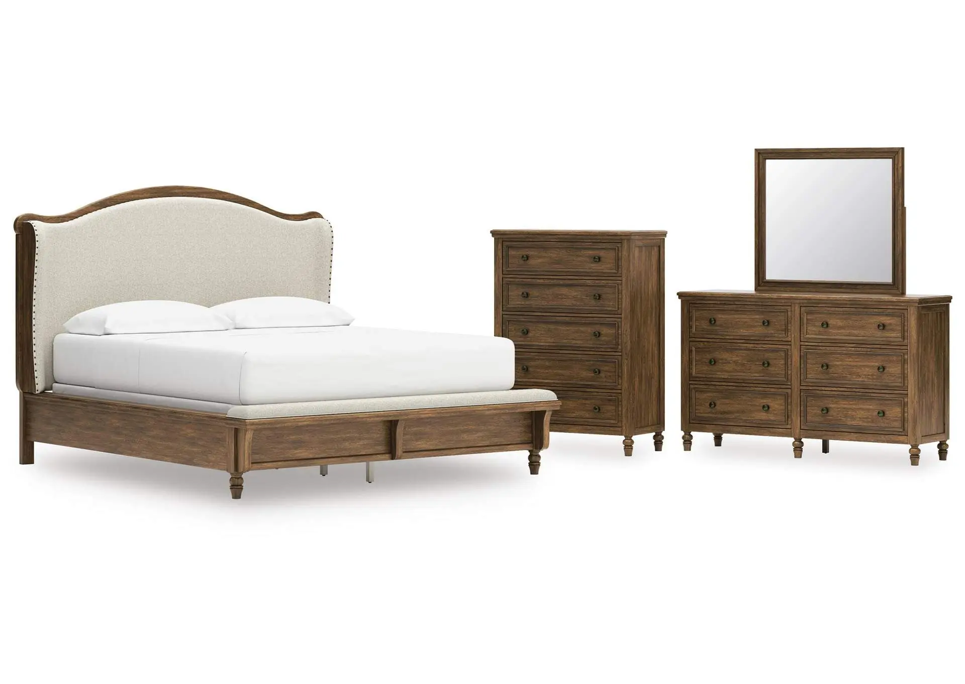 Sturlayne California King Upholstered Panel Bed, Dresser, Mirror and Chest