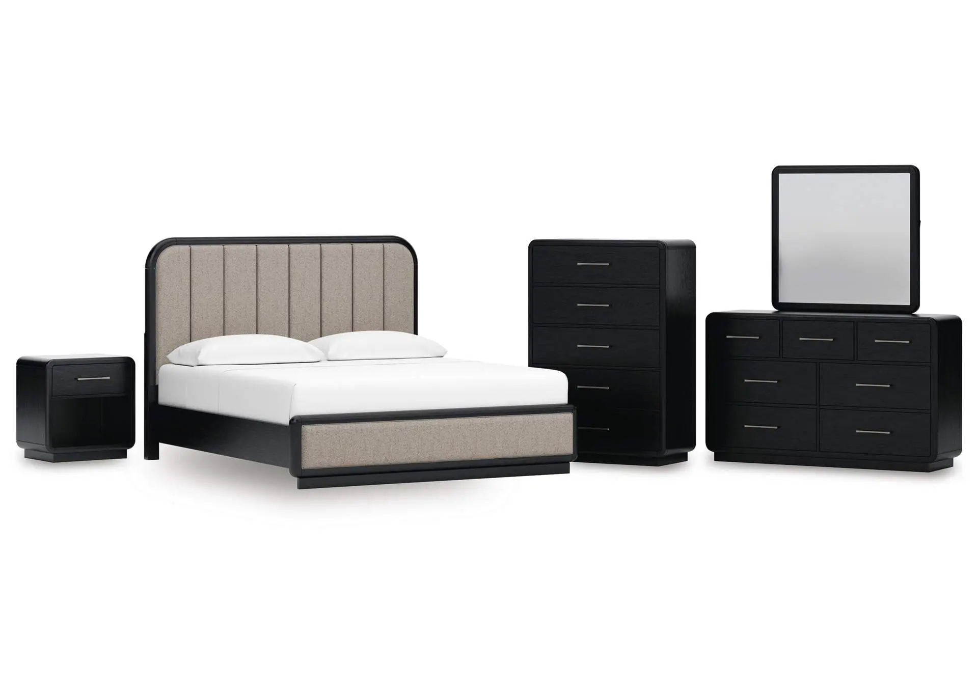 Rowanbeck King Upholstered Panel Bed, Dresser, Mirror, Chest and Nightstand